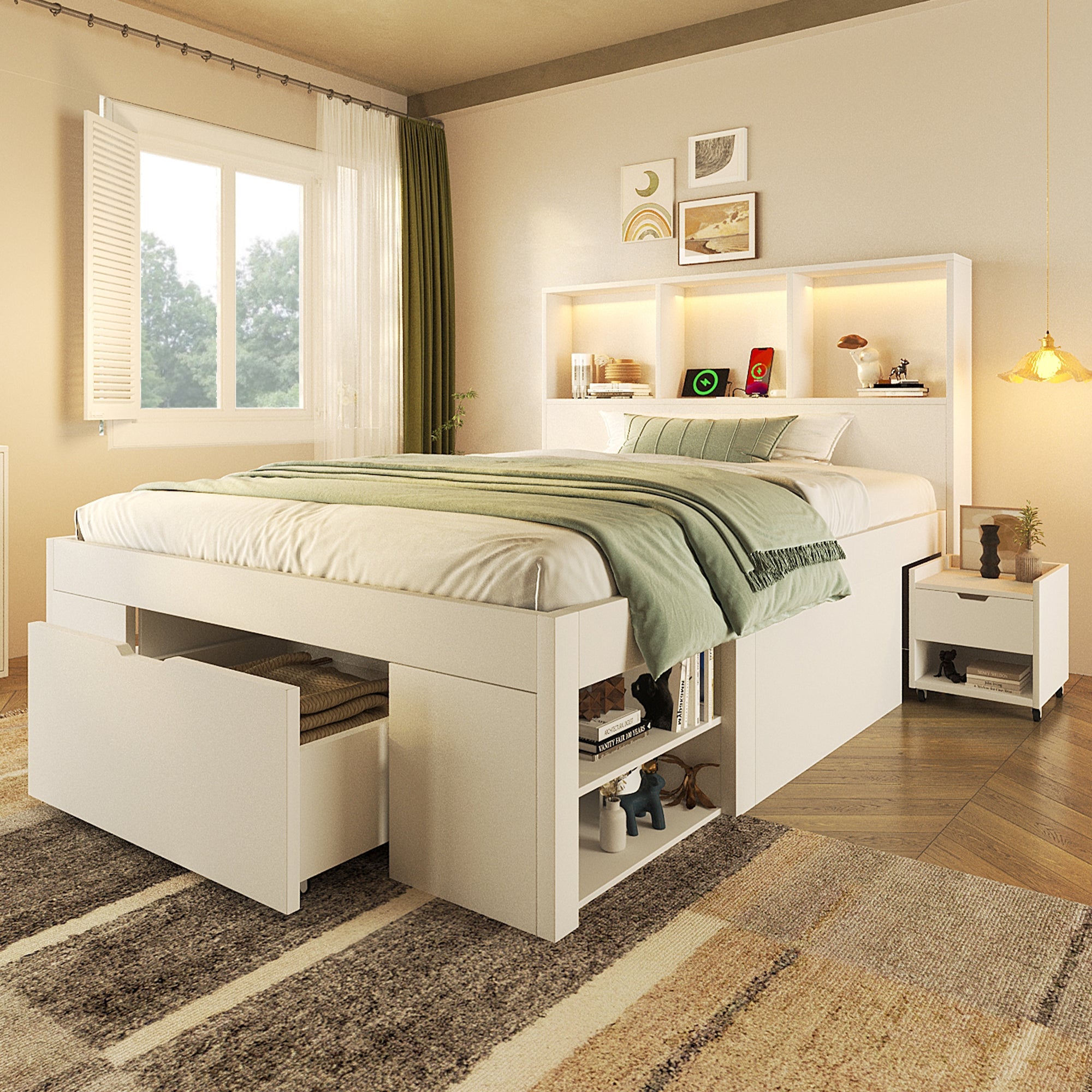 Functional Bed with LED, USB-C Charging, Storage and Movable Bedside Table, 90x200cm, White Wood