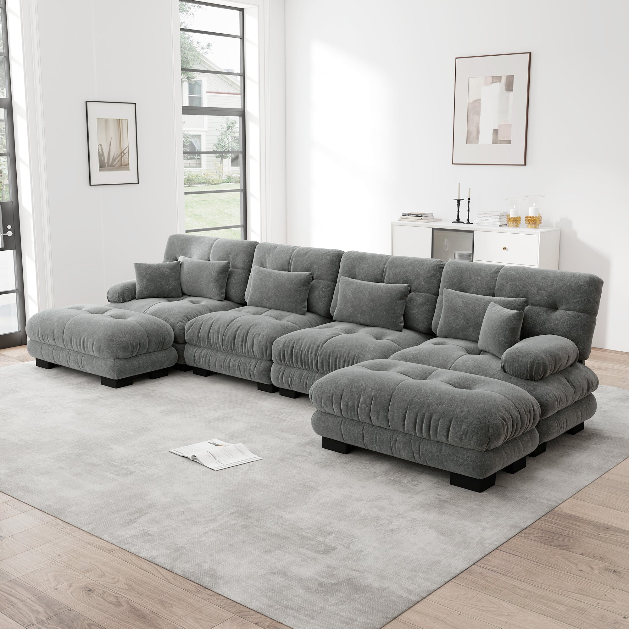 Modular Corner Sofa U-Shaped 4-Seater Movable Ottoman Chenille Grey