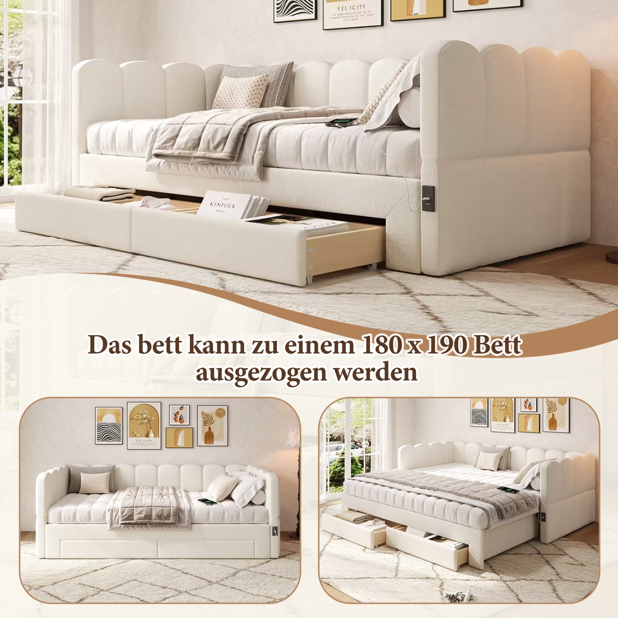 Upholstered Daybed with 2 Storage Drawers and USB Port, Beige Linen