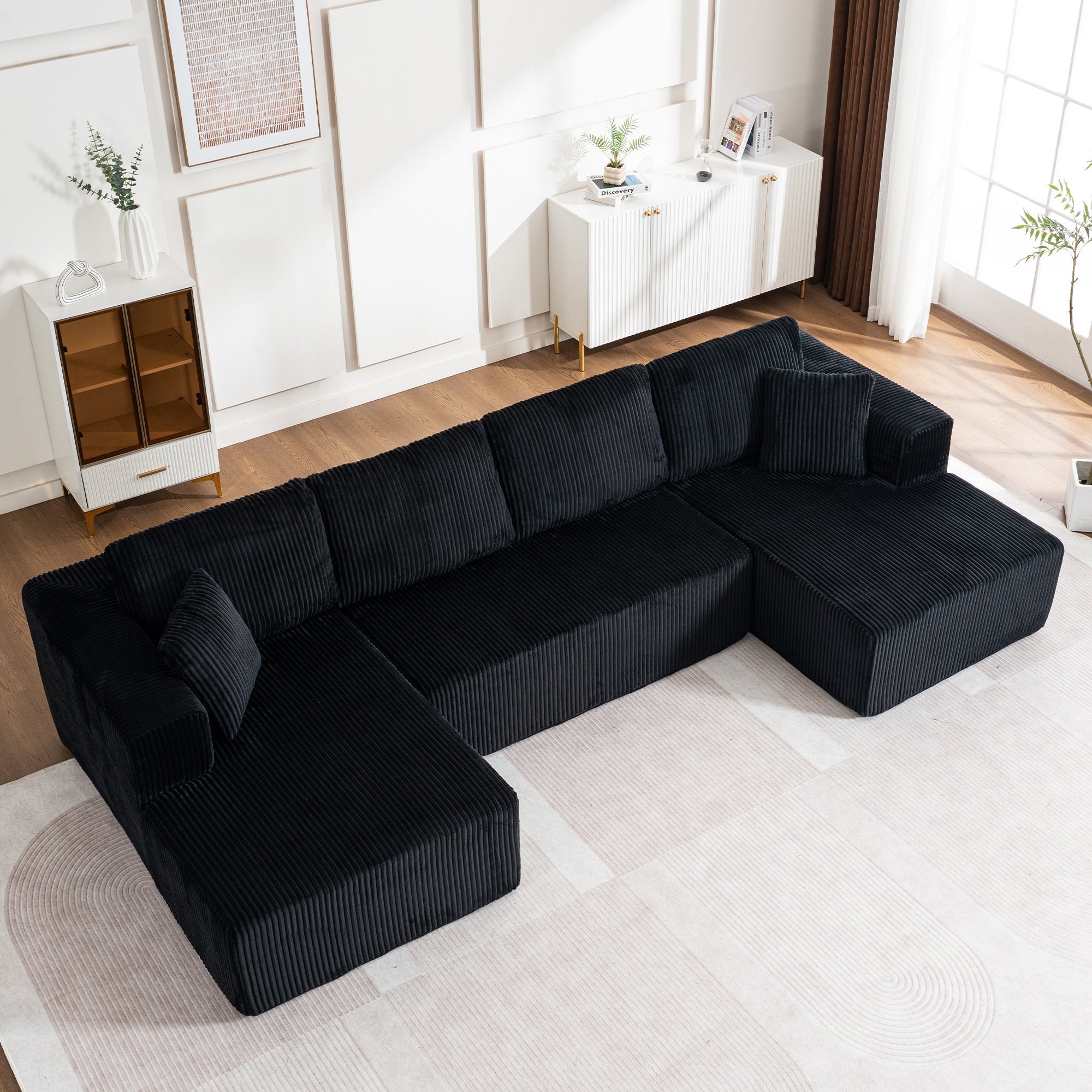 Modern U-Type Modular Sofa with Lounge Chairs and High-Density Sponge, Lamp Plush Fabric
