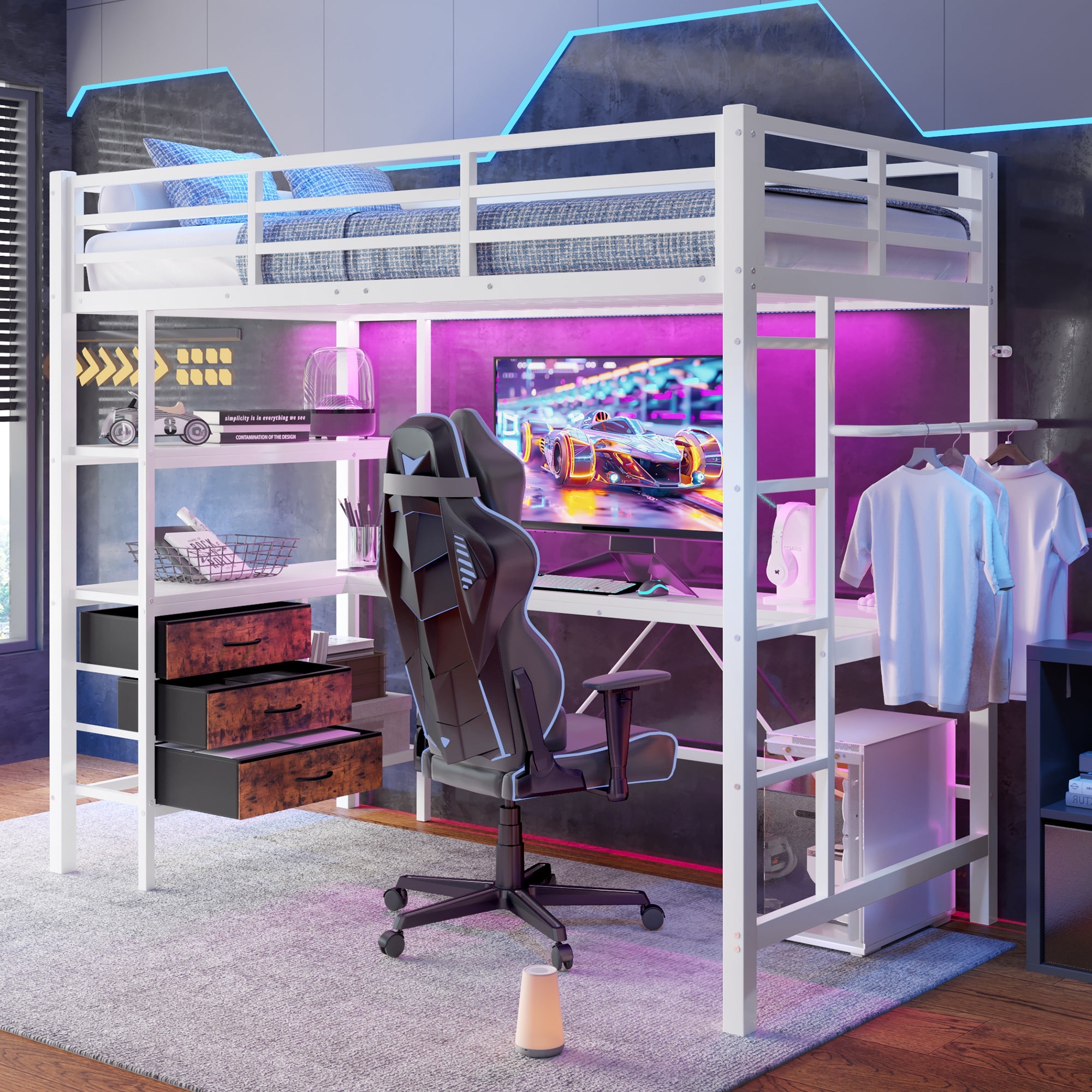 Loft Bed 90x200cm with Desk, LED Lights & Storage Drawers, White