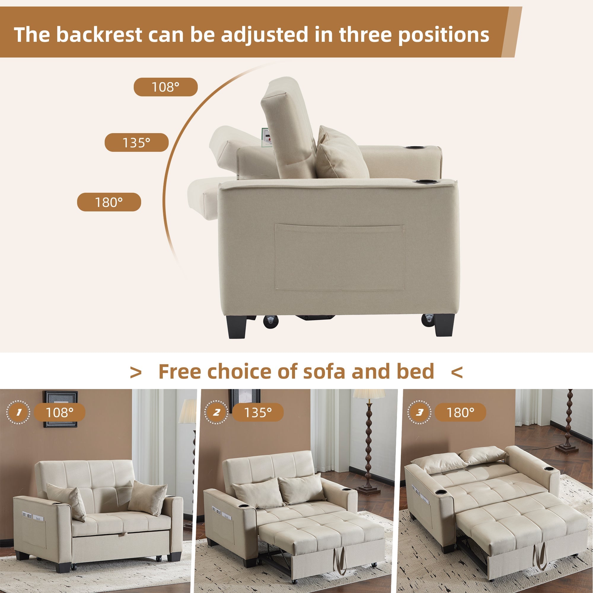 2 Seater Sofa Bed with Cup Holders, Pull Out Sleeper Sofa Convertible, Beige Fabric