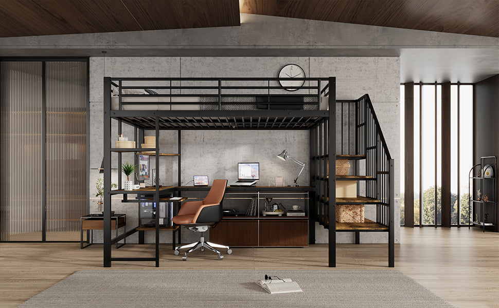 Iron Loft Bed, Charging Port Corner Stairs Desk Storage 120x200cm, Black Iron + MDF