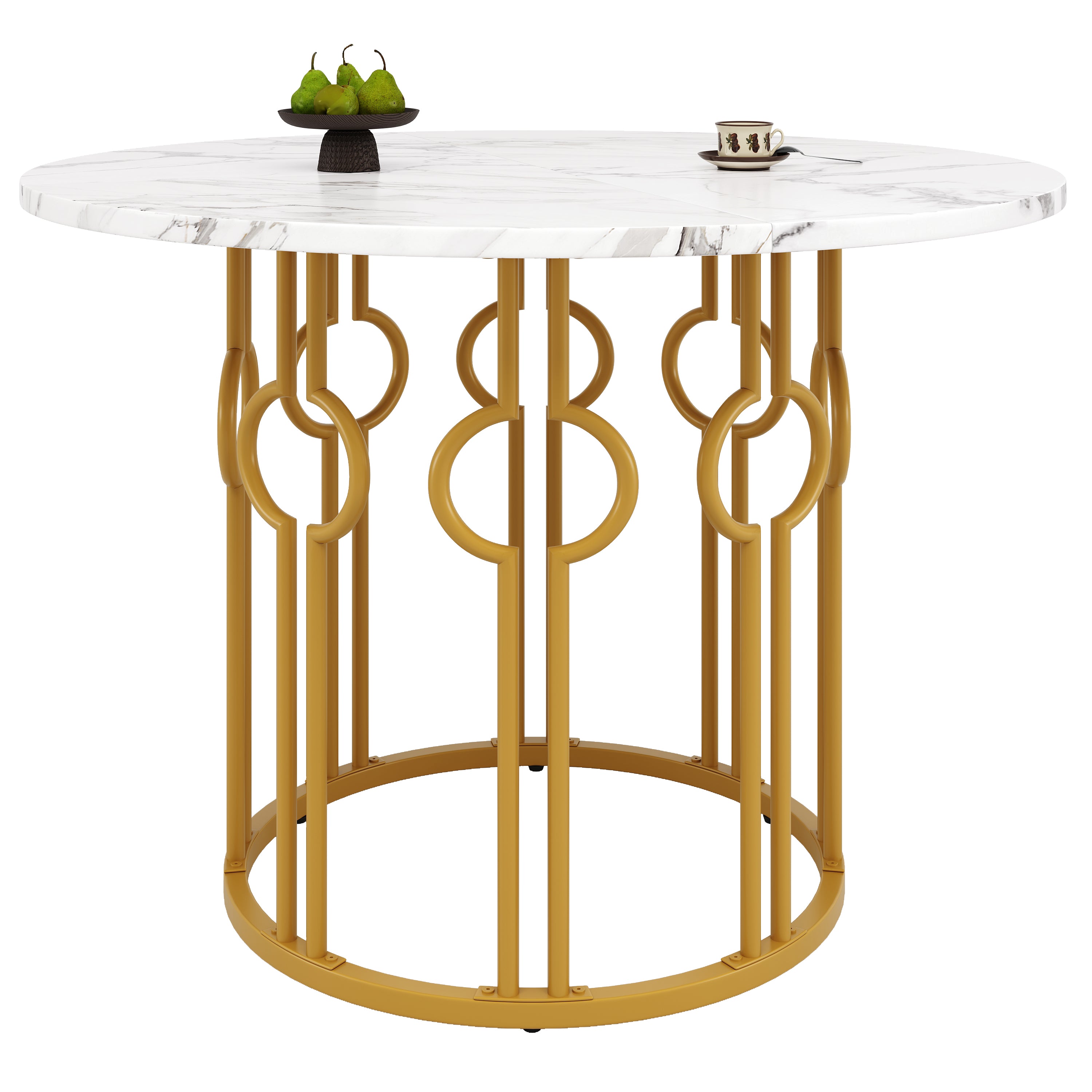 Runder Esstisch, 100x100x76cm, Couchtisch für 4, Marmorierte MDF-Platte, goldene Metallbeine