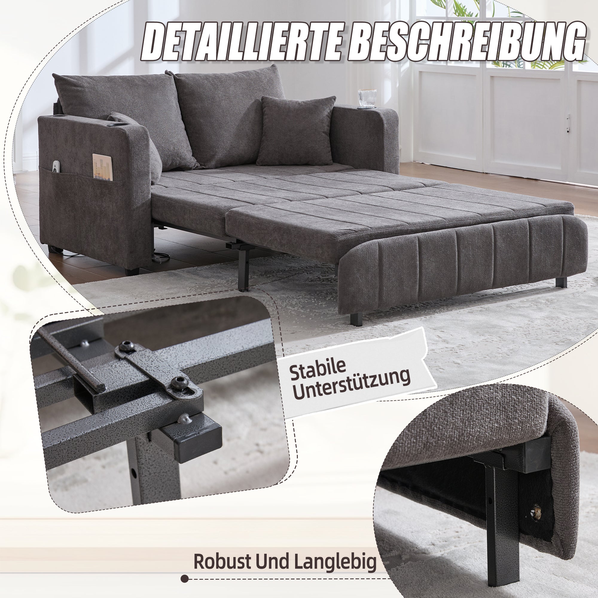 Chair, Multifunctional Folding Pull-Out Sofa with Storage, USB Charging, Cup Holder, Fabric