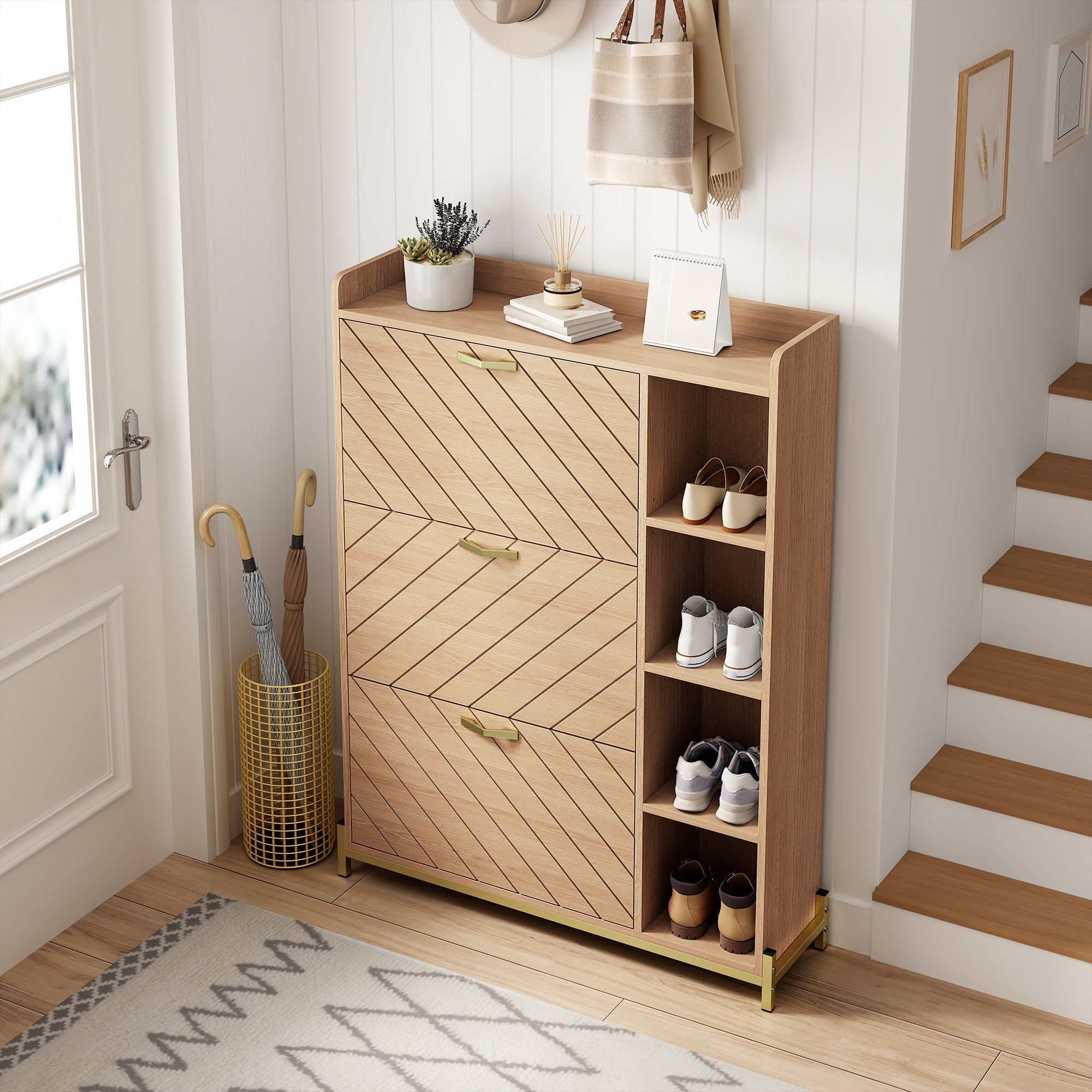 Nordic Style Shoe Cabinet with 3 Doors, Hinged Lid and Side Shelves, Oak Grain