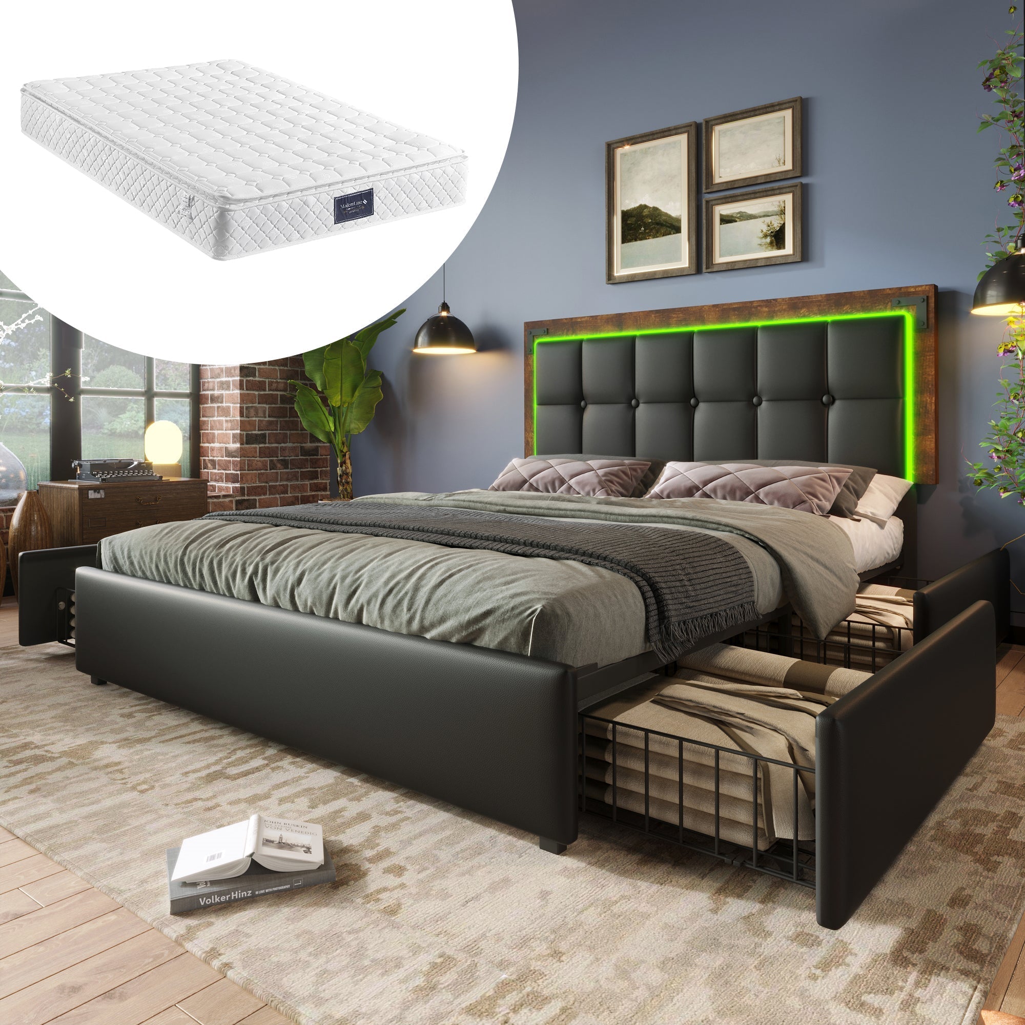 Bed Frame, LED, 4-Drawer, Adjustable Headboard, 160x200cm PU Black