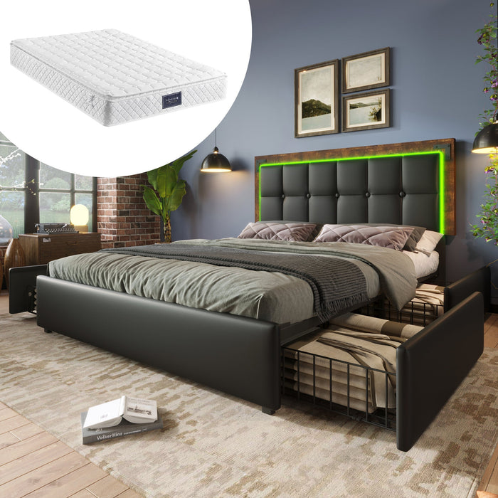 Bed Frame, LED, 4-Drawer, Adjustable Headboard, 160x200cm PU Black