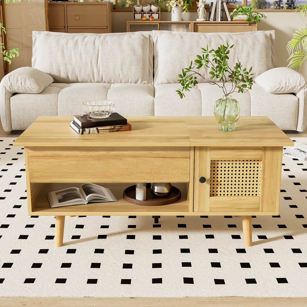 Coffee Table Lift-Up Top Rattan Doors Storage Wood/Black