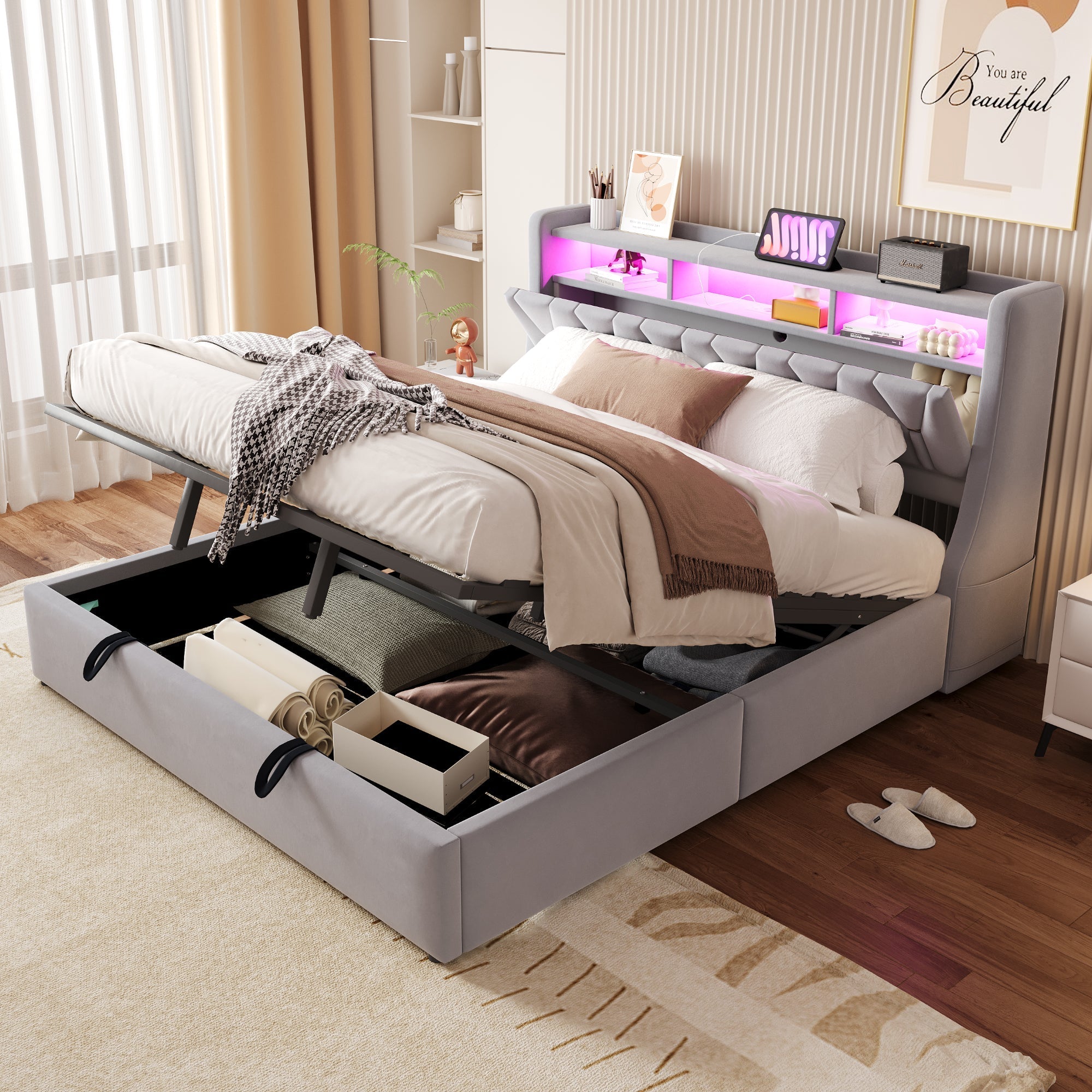 Upholstered Bed 180x200cm Hydraulic Storage Headboard with Power Outlet LED Light Grey Velvet