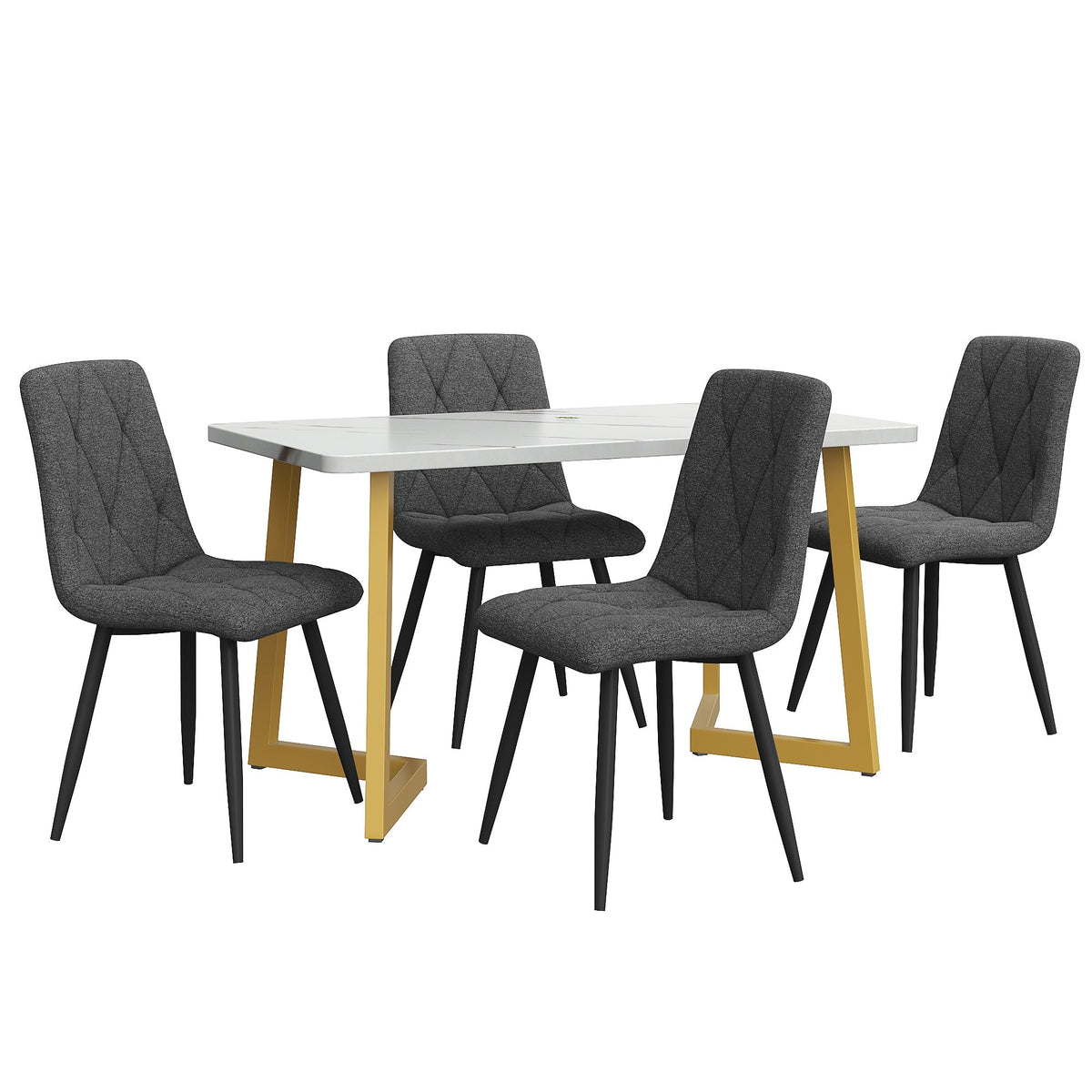 Dining Set 5-Piece 117x68cm Rectangular Table 4 Chairs Dark Grey Twill Linen Golden Legs