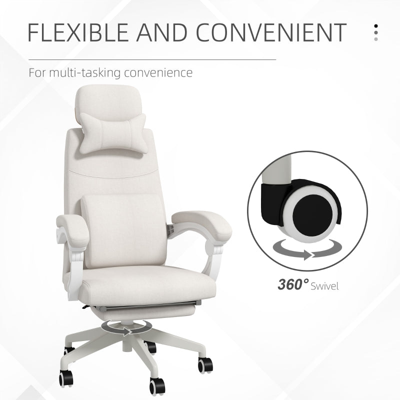 Linen-Look Office Chair 160° Reclining Back Footrest White