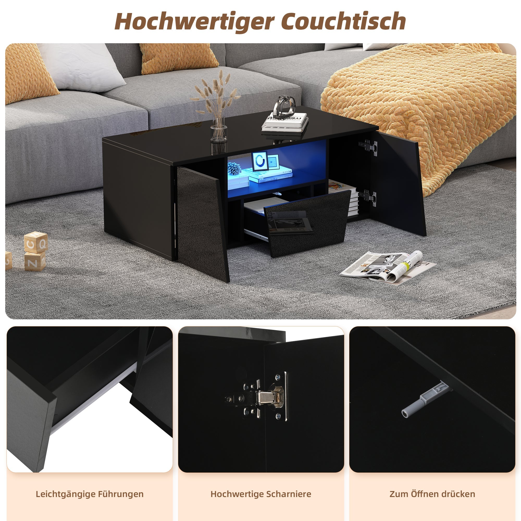 Coffee Table 100x50x40cm, LED Light, 2 Cabinets, 1 Drawer, Black