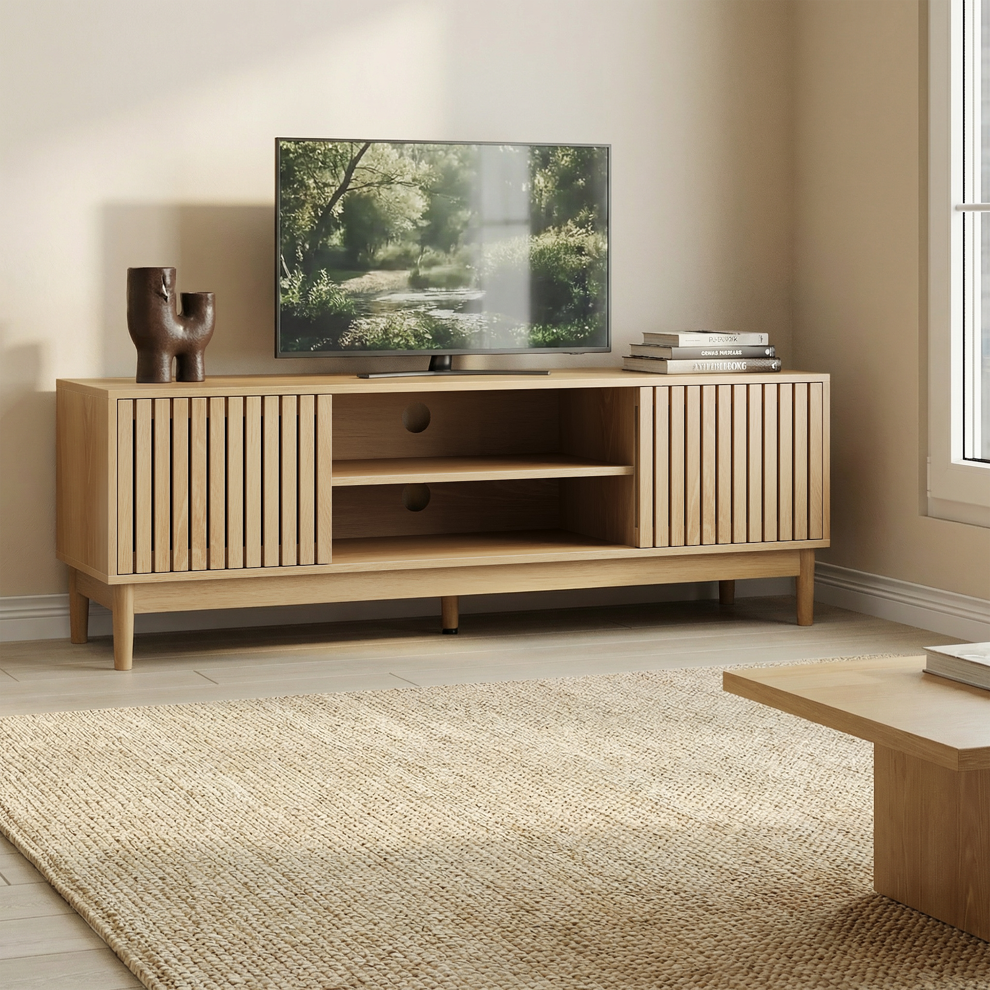 Mid-Century Modern TV Stand for 55/65 Inch TVs with Storage, 140cm High Media Console, Oak Color