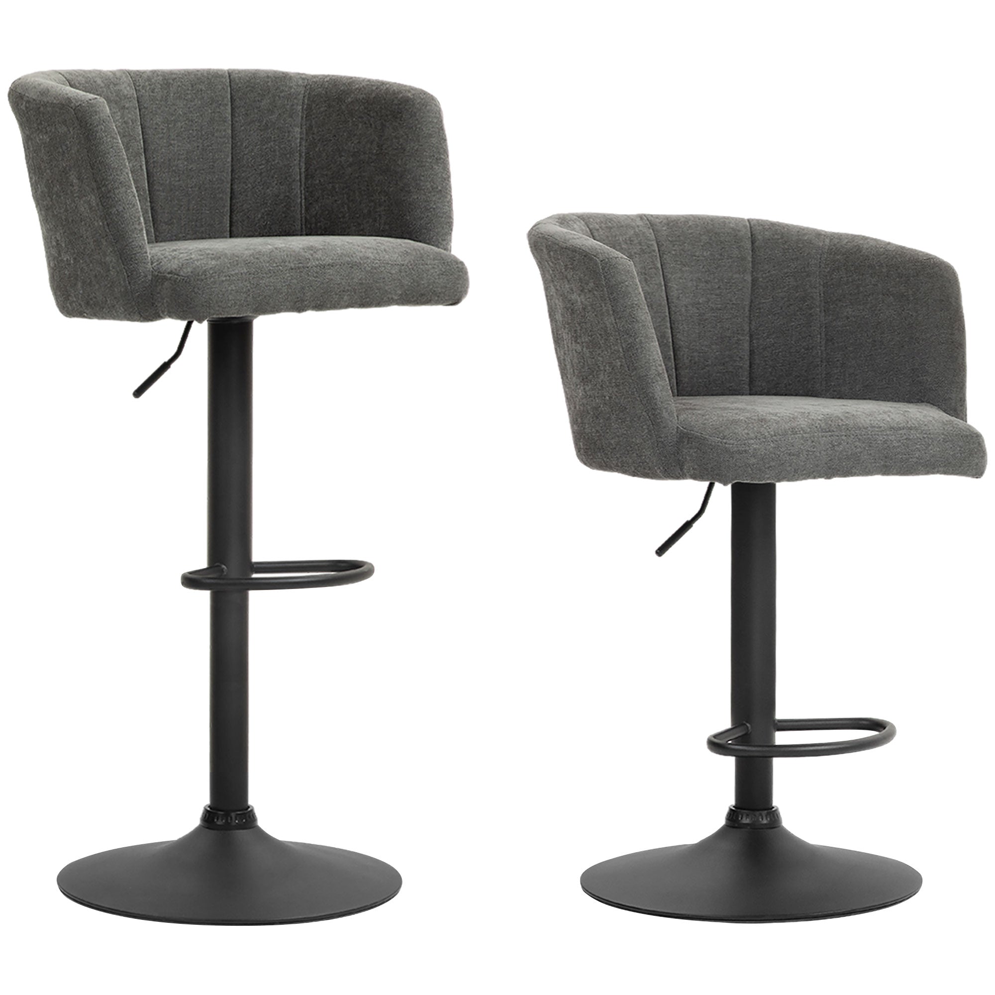 Set of 2 Bar Stools, Swivel Height-Adjustable with Footrest, Linen Dark Grey