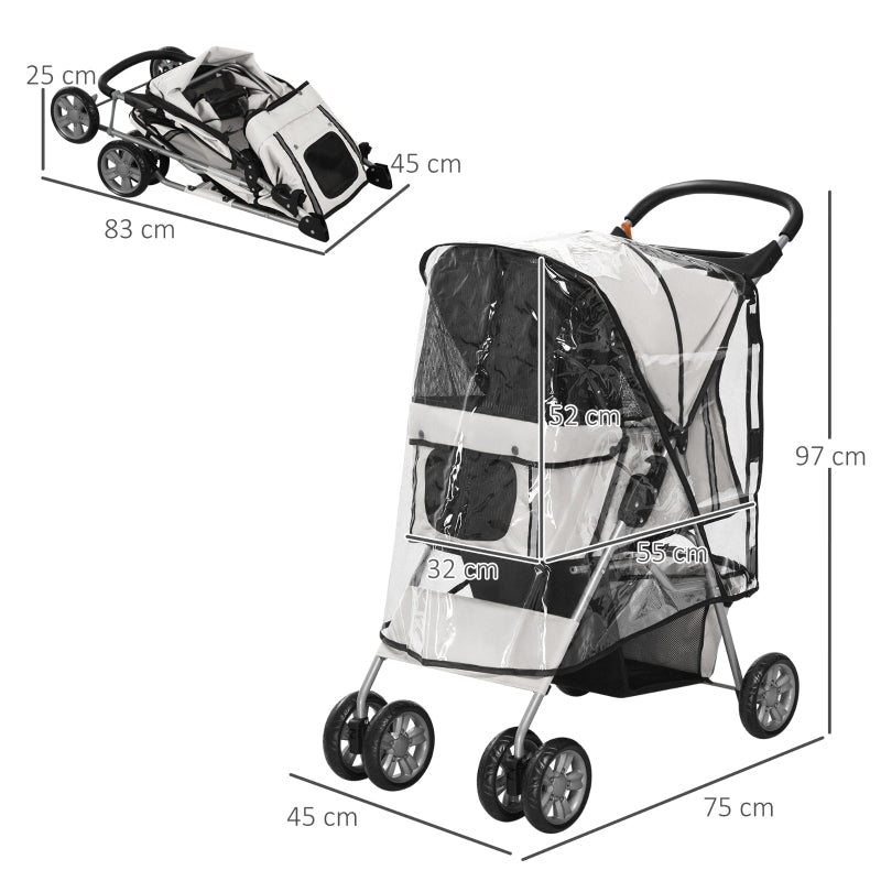 Dog Buggy, Foldable Rain Cover 2 Cup Holders, Grey