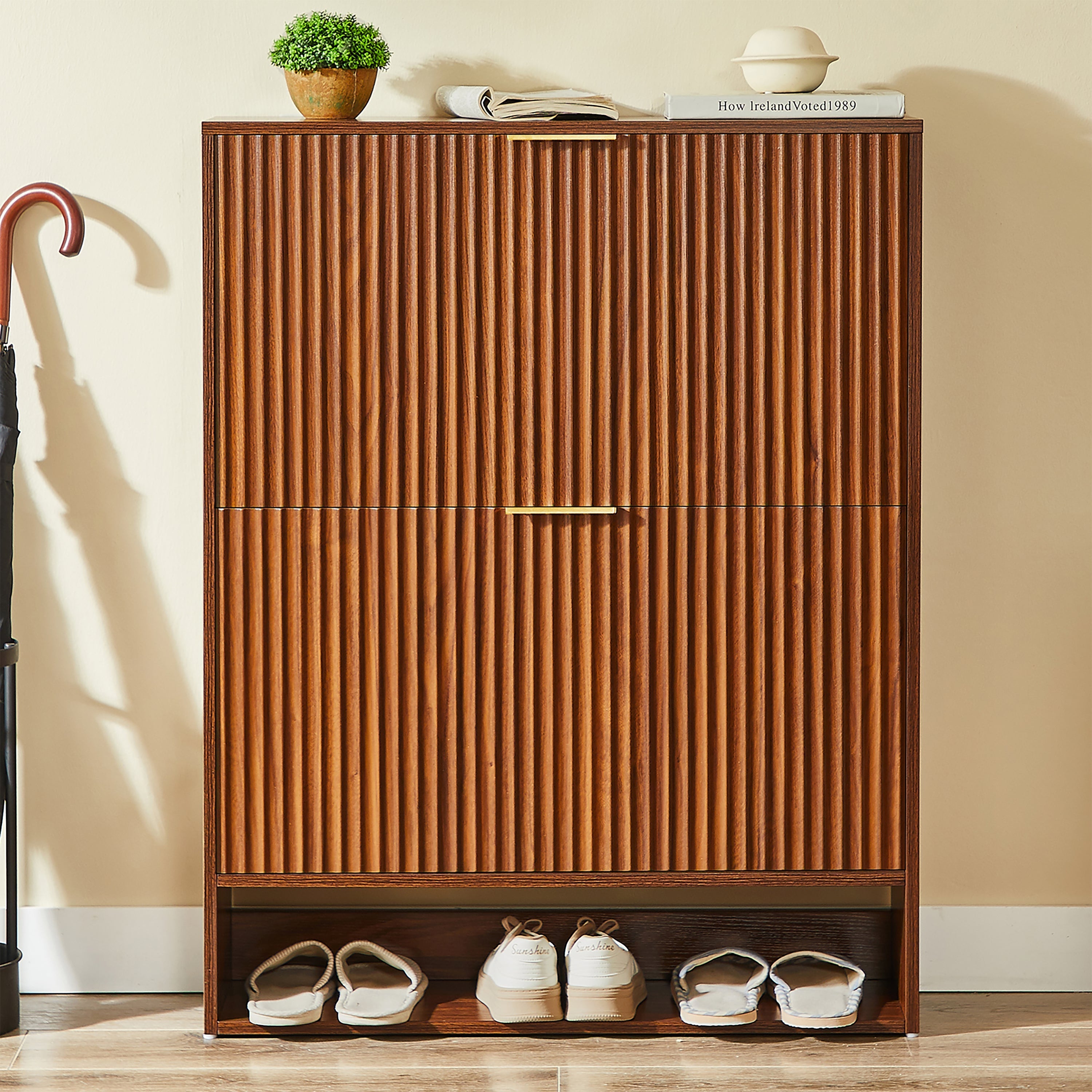 Narrow Shoe Cabinet with Grooved Front and Anti-Tip Device, Walnut Look