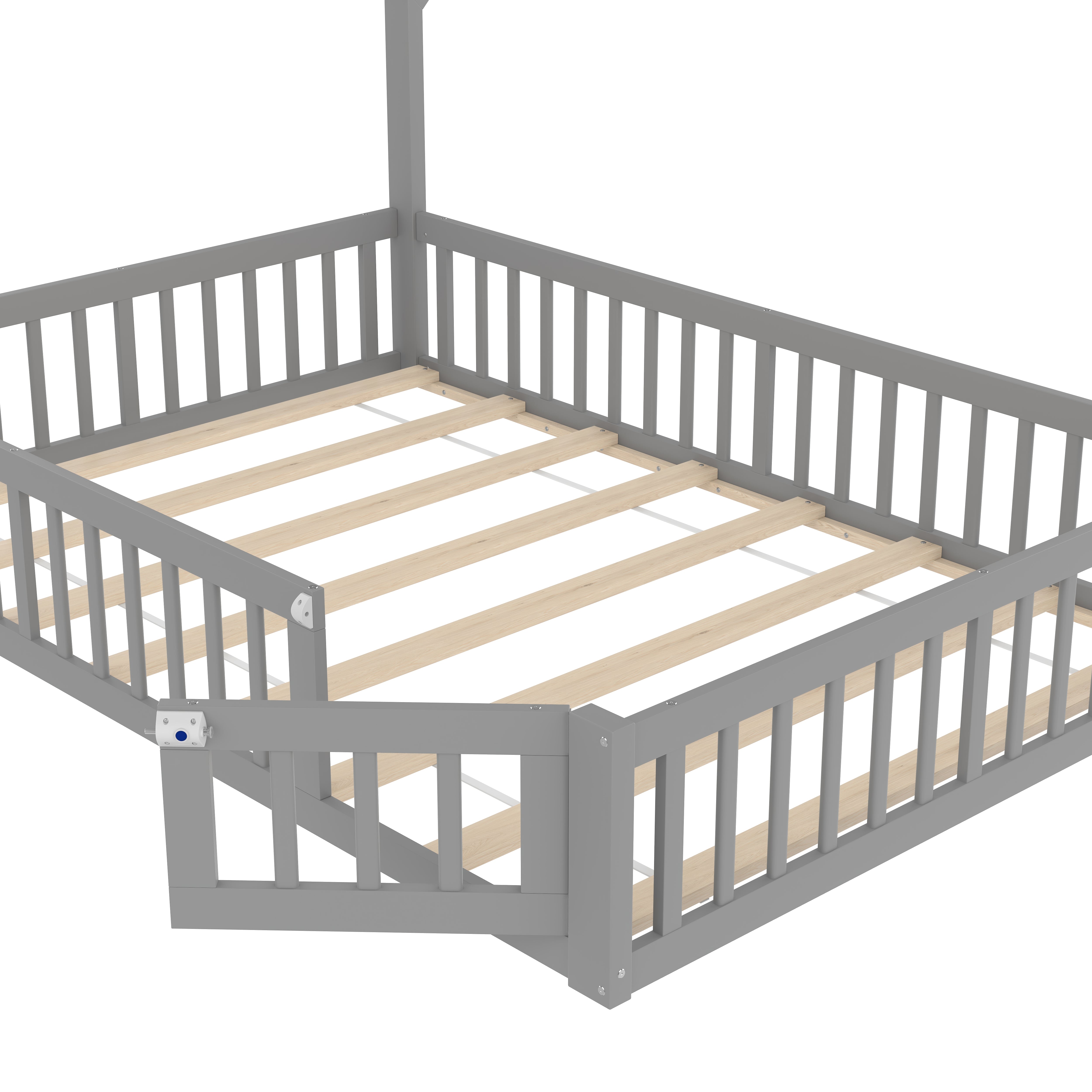 Children's Upholstered Bed with Chimney Shape and Slatted Base, 140x190cm, Grey Pine Wood