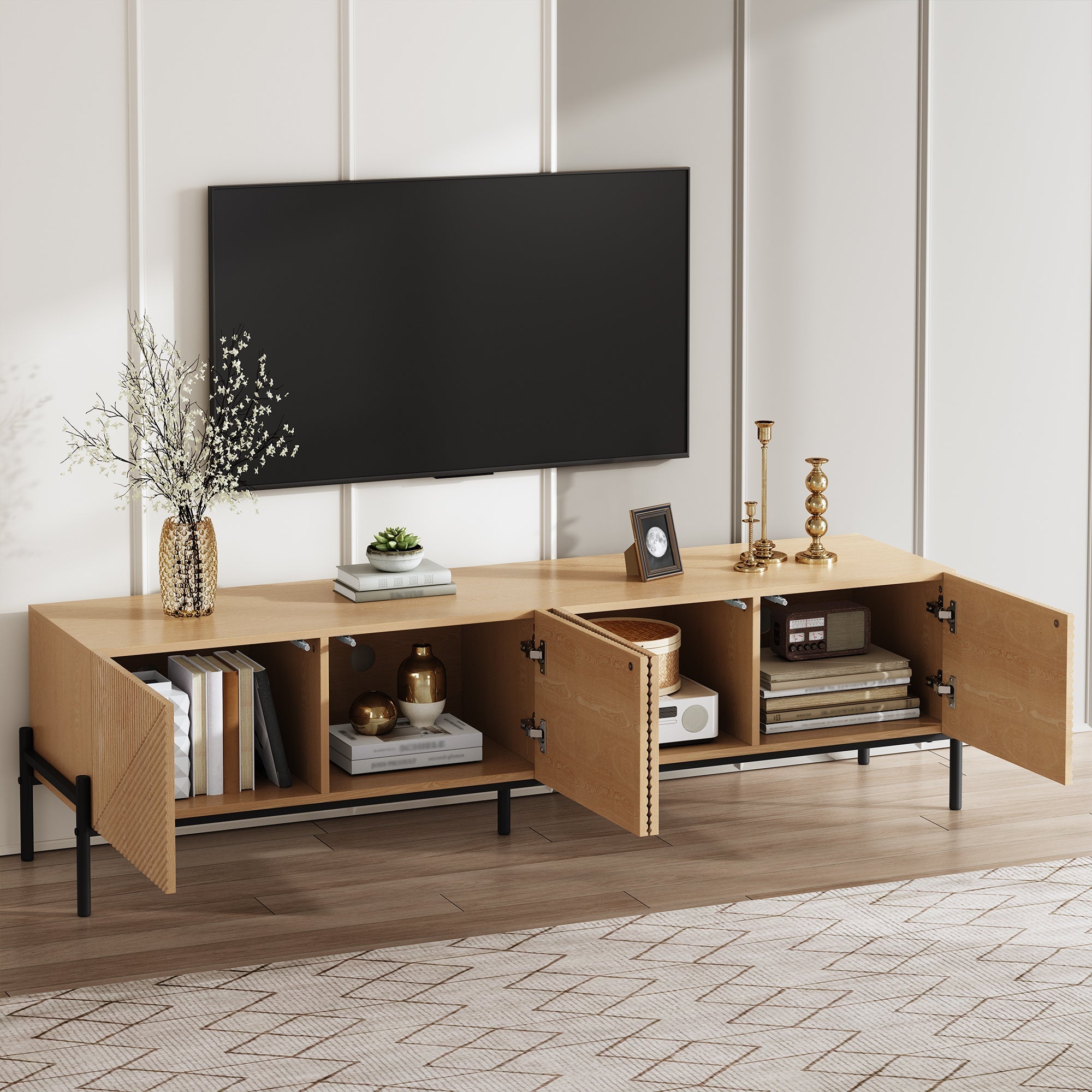 Modern TV Cabinet with 4-Door Storage and 3D Geometric Design, 160cm, Wood and Metal