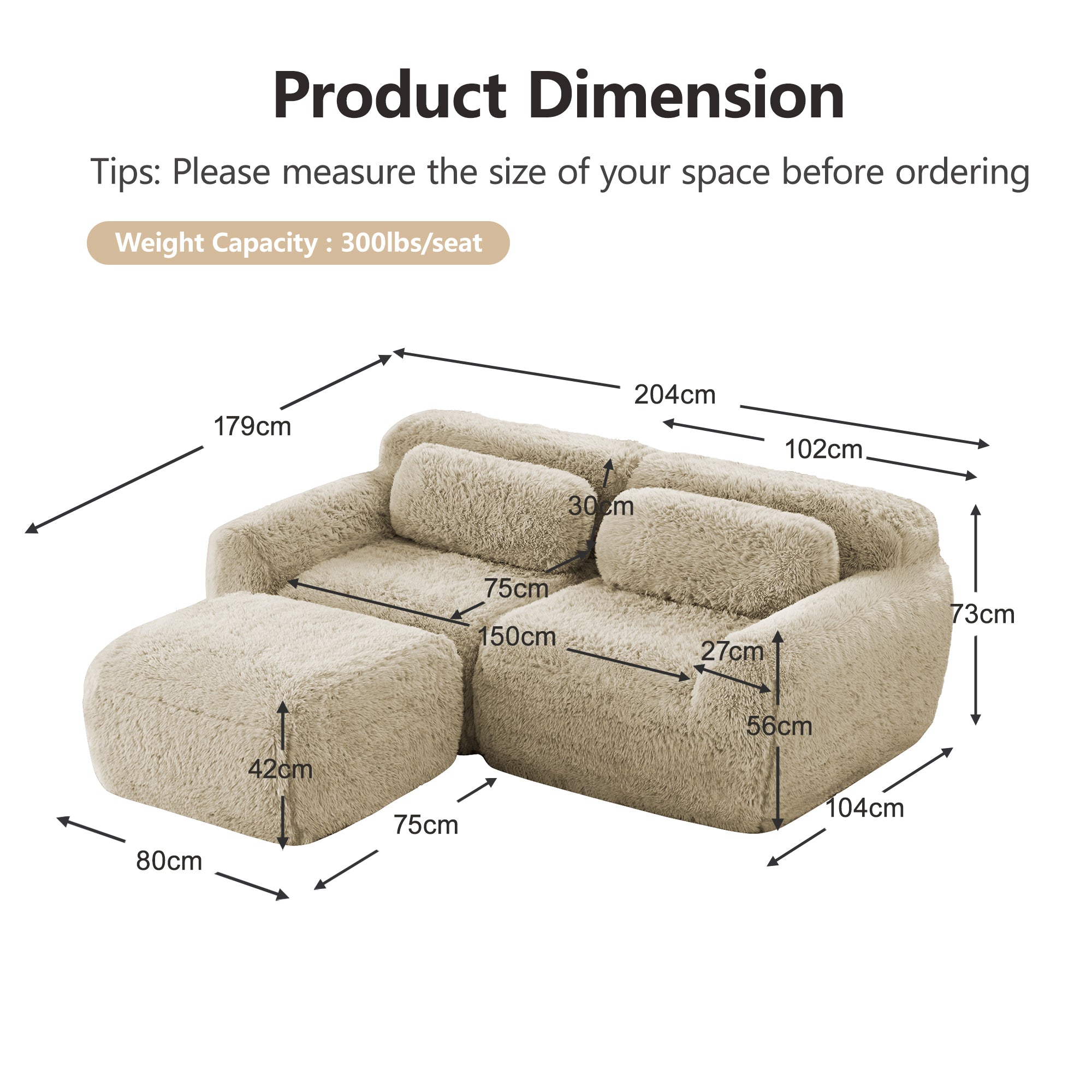 L-shaped Sofa Modular 2-Seater Plush Fabric No Assembly - Light Khaki