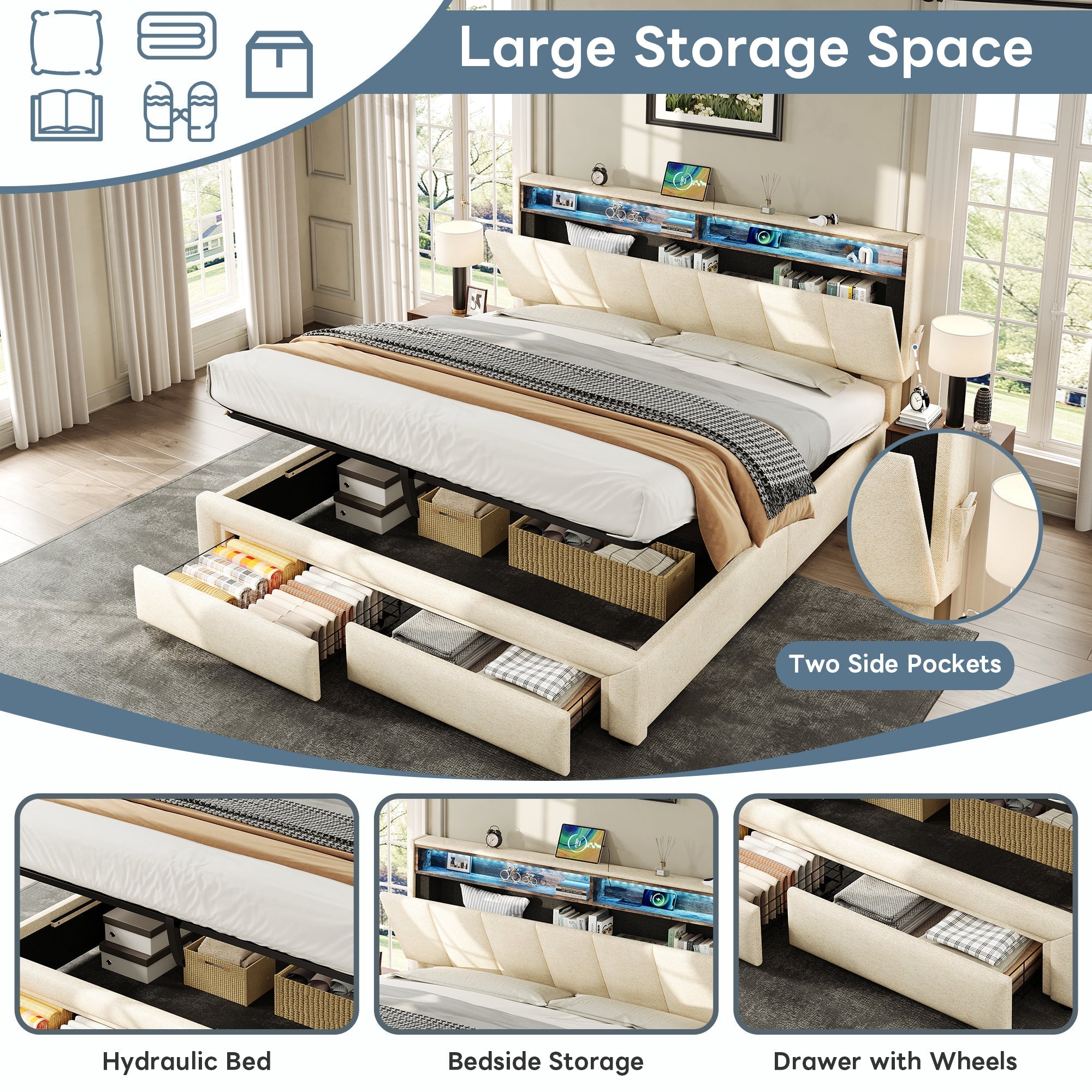 5ft King Upholstered Bed Frame, Hydraulic & Drawers Storage, LED Adjustable Headboard, Linen Beige