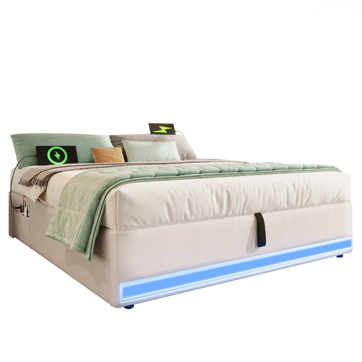 Upholstered Bed 140x200cm Hydraulic Storage LED USB/Type-C Pockets - Beige