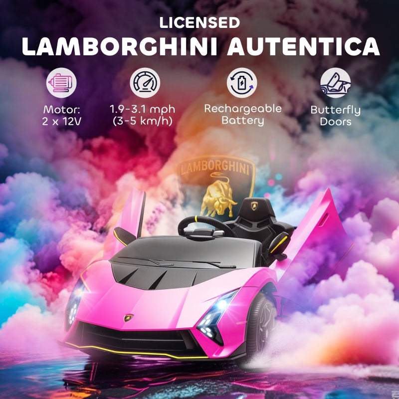 12V Lamborghini Autentica Kids Electric Car with Remote Control, 4 Suspension Wheels, Soft Start, Pink