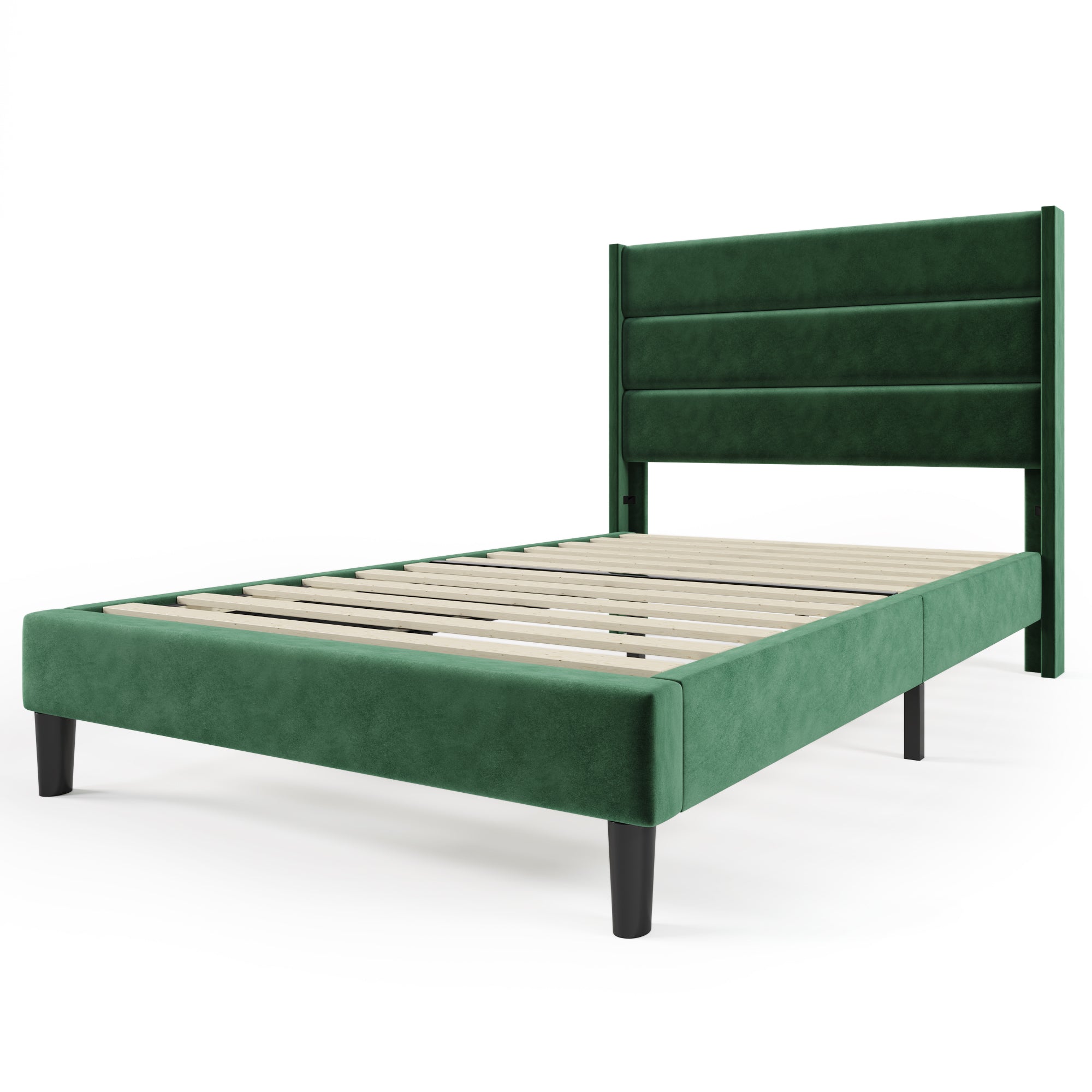Upholstered Bed, 90 x 200 cm, Slatted Frame & Headboard, Velvet Dark Green