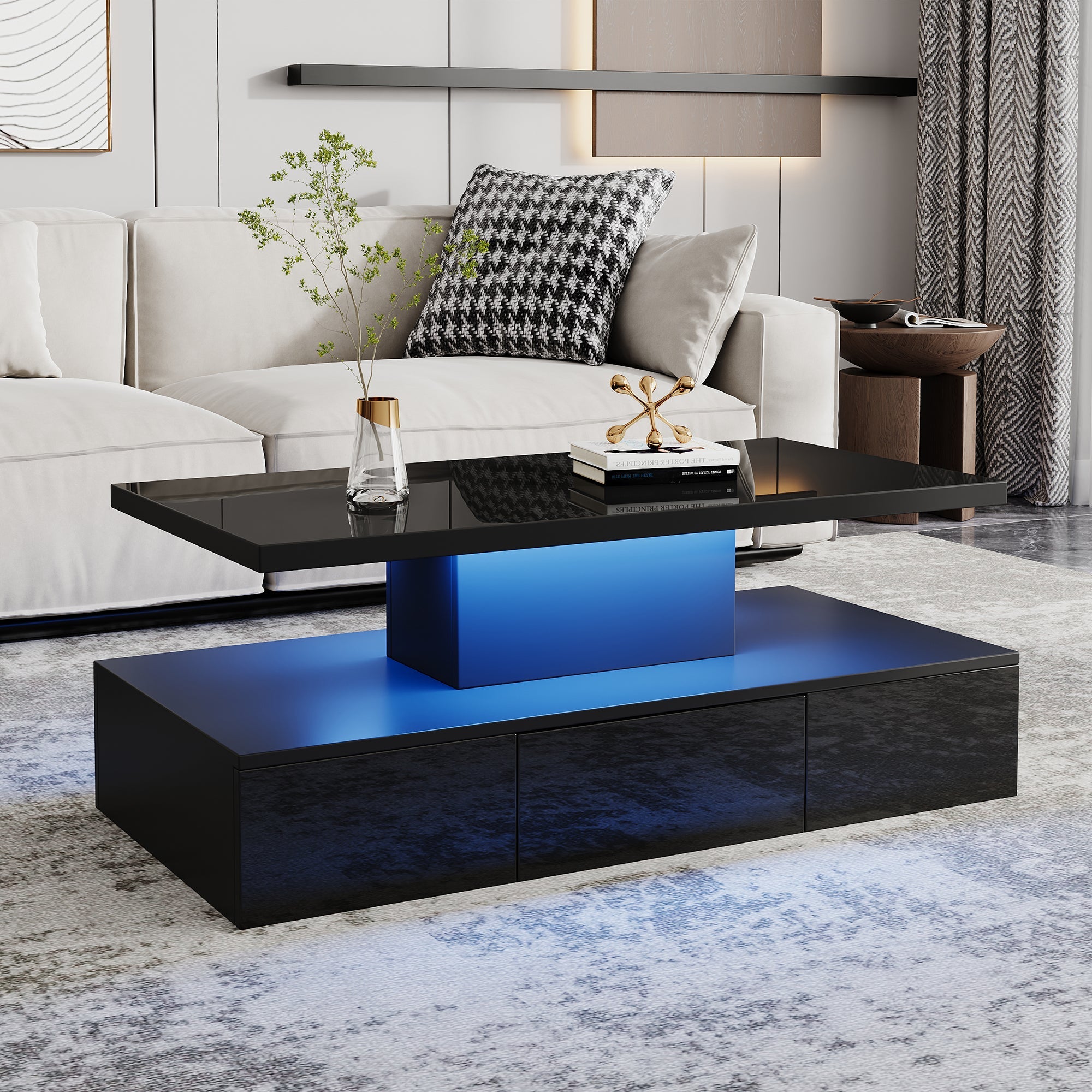 Two-tier Coffee Table 16-Color LED Light High-Gloss Storage Black