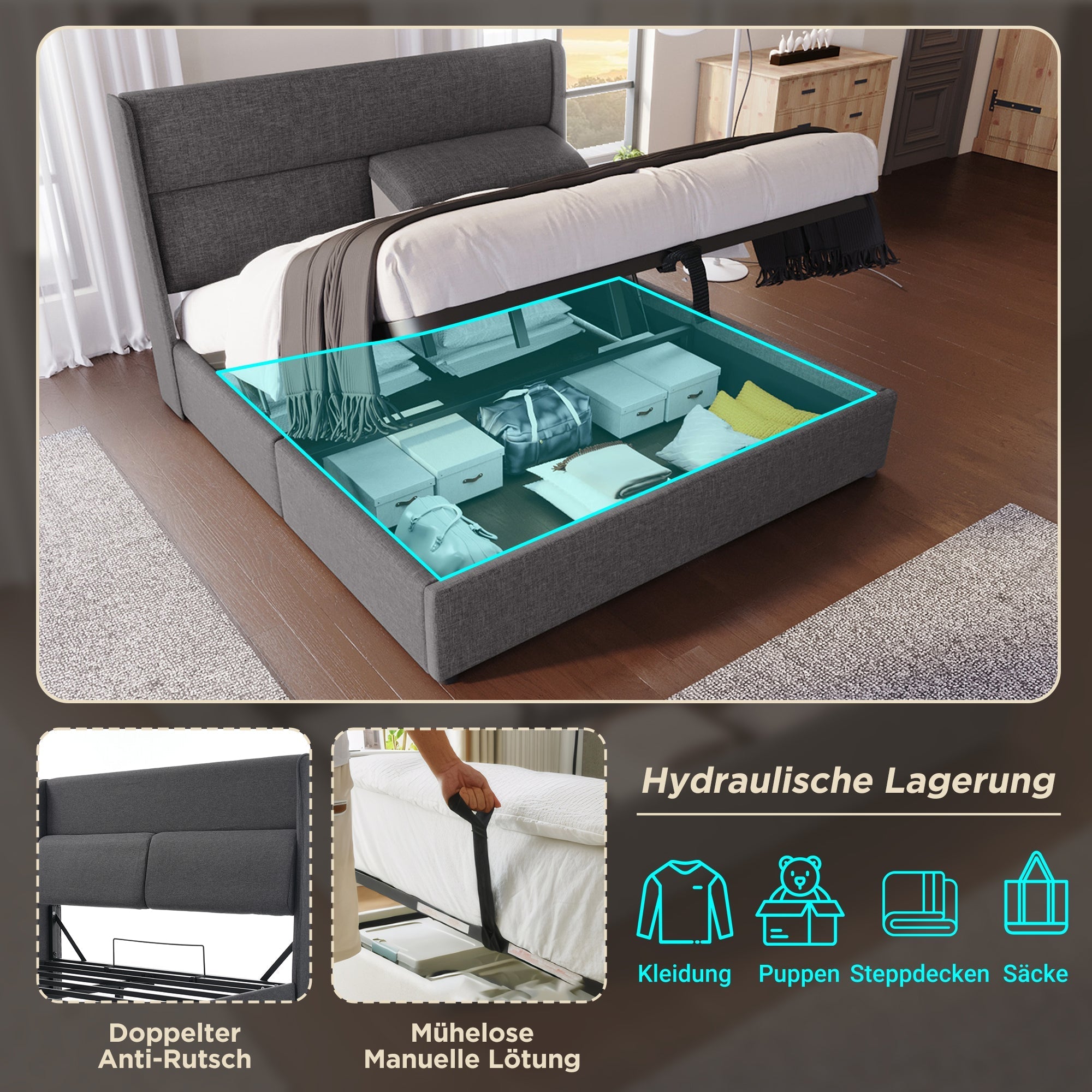 Upholstered Double Bed 160x200cm Hydraulic Storage Adjustable Headrests Linen Grey