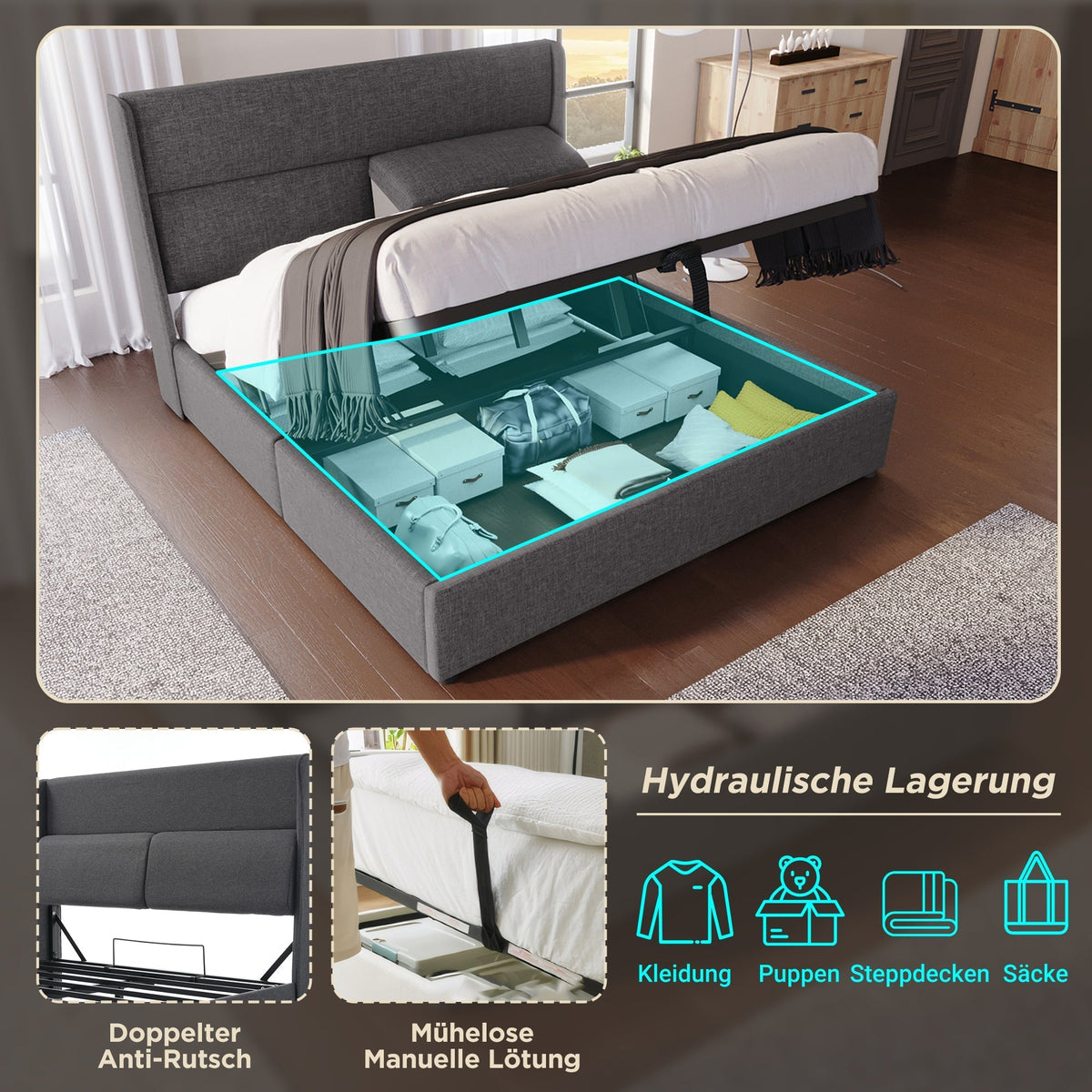 Upholstered Double Bed 140x200cm Hydraulic Storage Adjustable Headrests Metal Slatted Base - Grey Linen