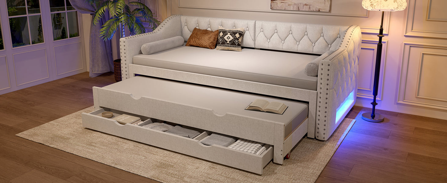 Upholstered Daybed 90x200 LED Pull-Out Bed 3 Drawers - Beige
