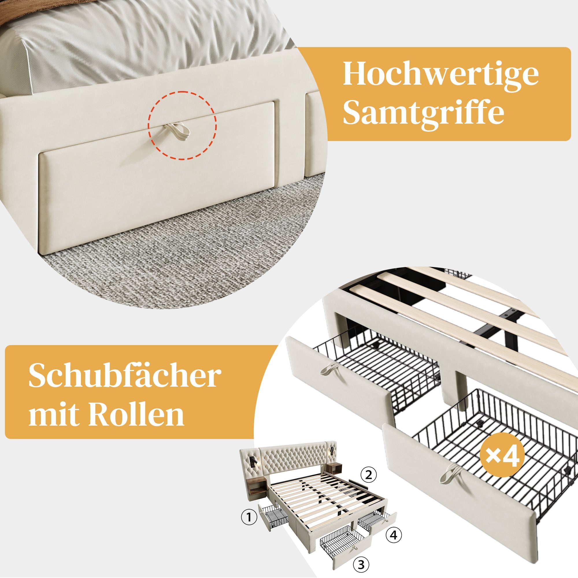 Complete Bedroom Bed Set with 180x200cm Double Bed, 2 Bedside Tables, 4 Drawers and USB Reading Light, Beige Velvet