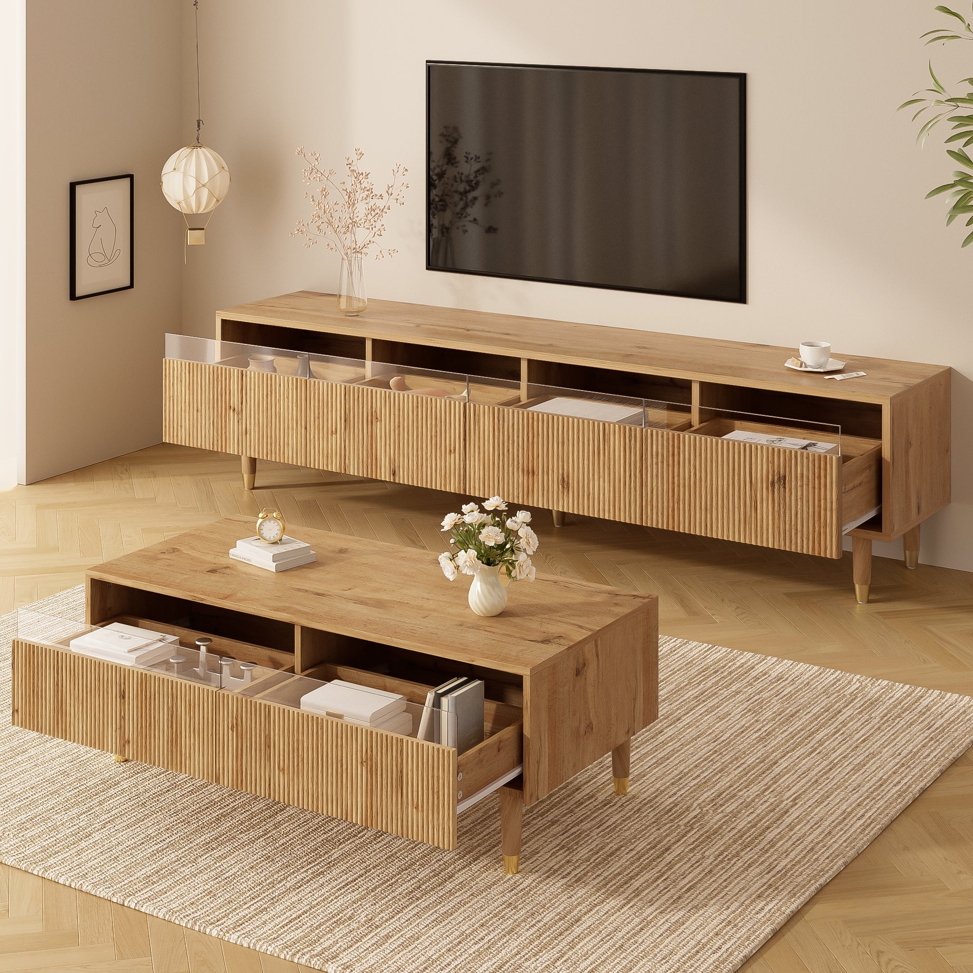 Modern LED Furniture Set: TV Cabinet 4 Doors Coffee Table 2 Drawers, Wood-Gold Design