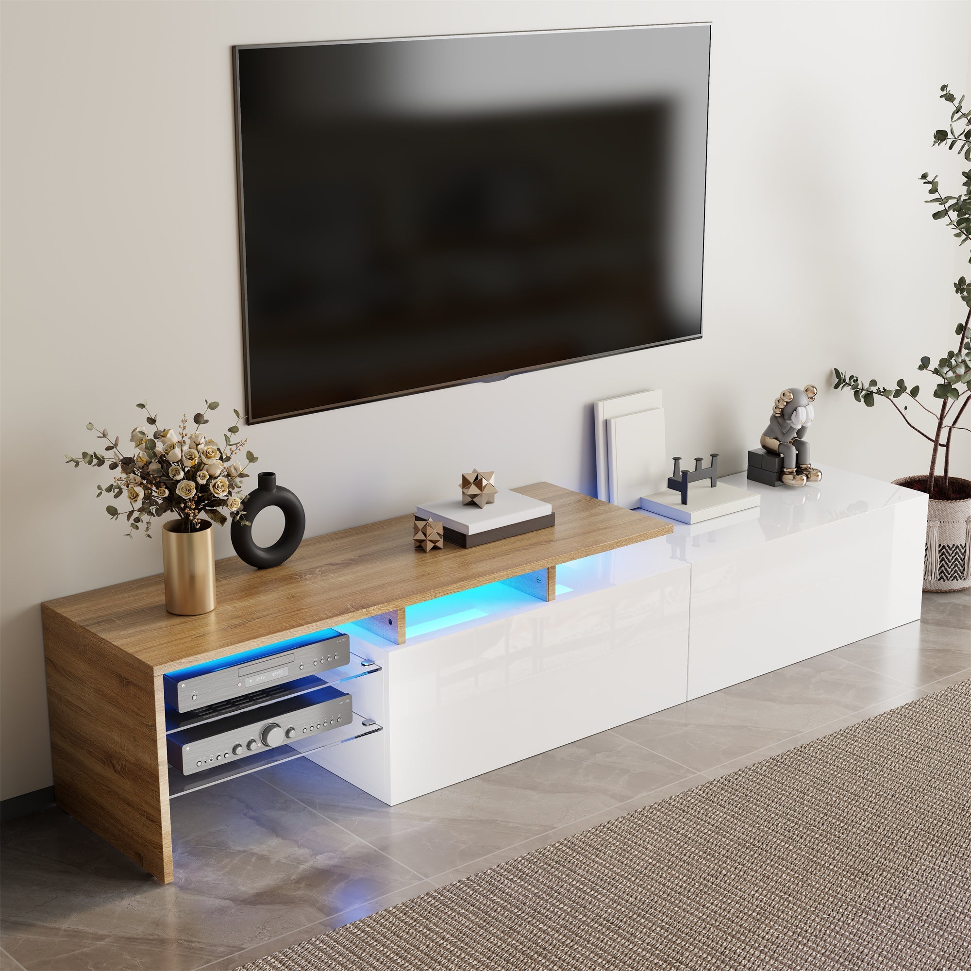 Modern TV Cabinet: Stylish, Elegant, High-Gloss White, Wood Look with Glass Shelves & LED Lighting