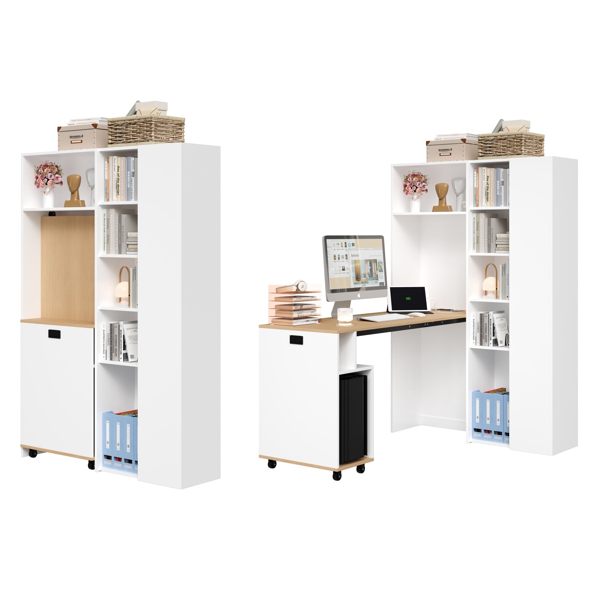Folding Desk with Shelves, 2-in-1 Bookshelf, USB, Adjustable, White