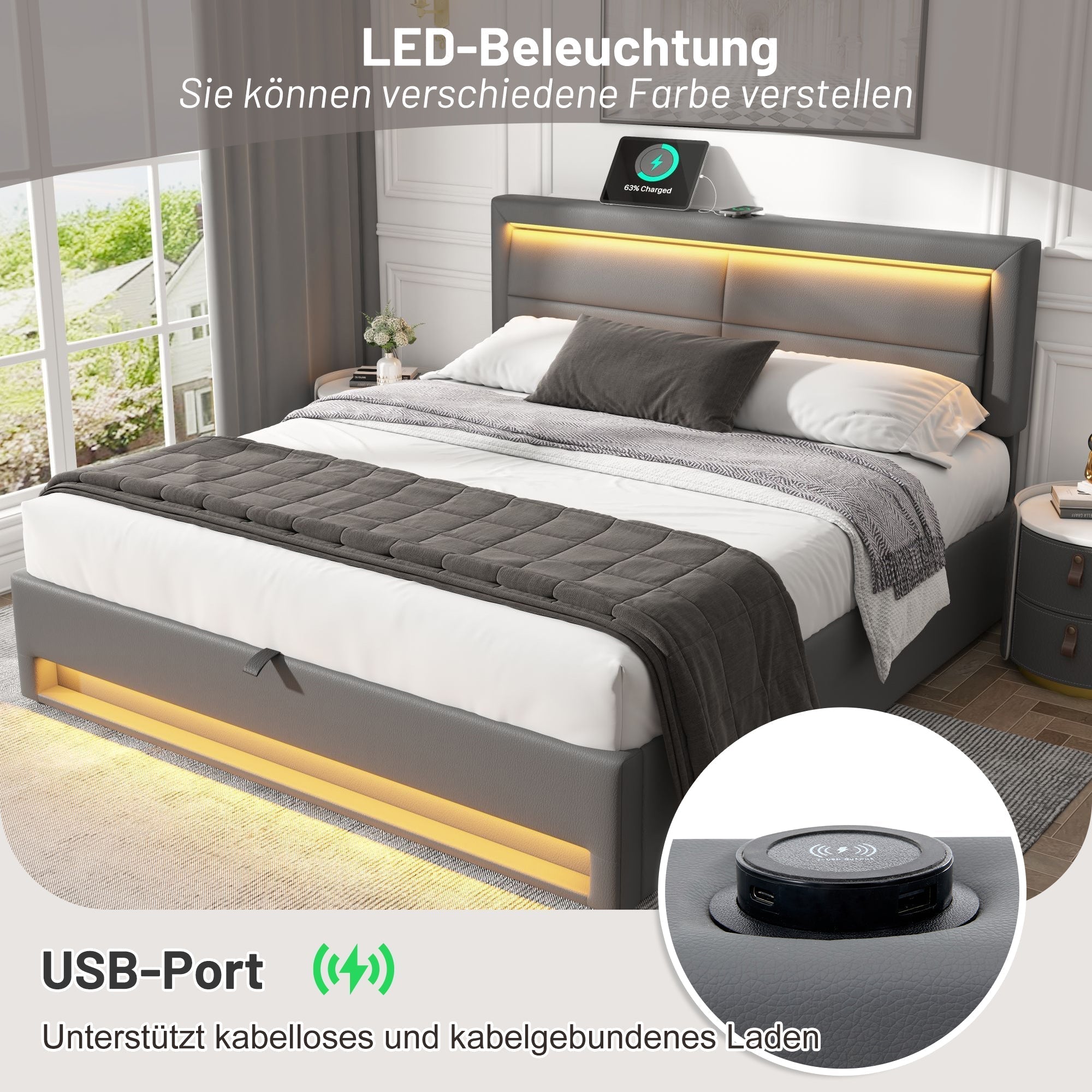 Upholstered Bed 140x200cm USB Charging LED Light Storage PU Lychee Grey