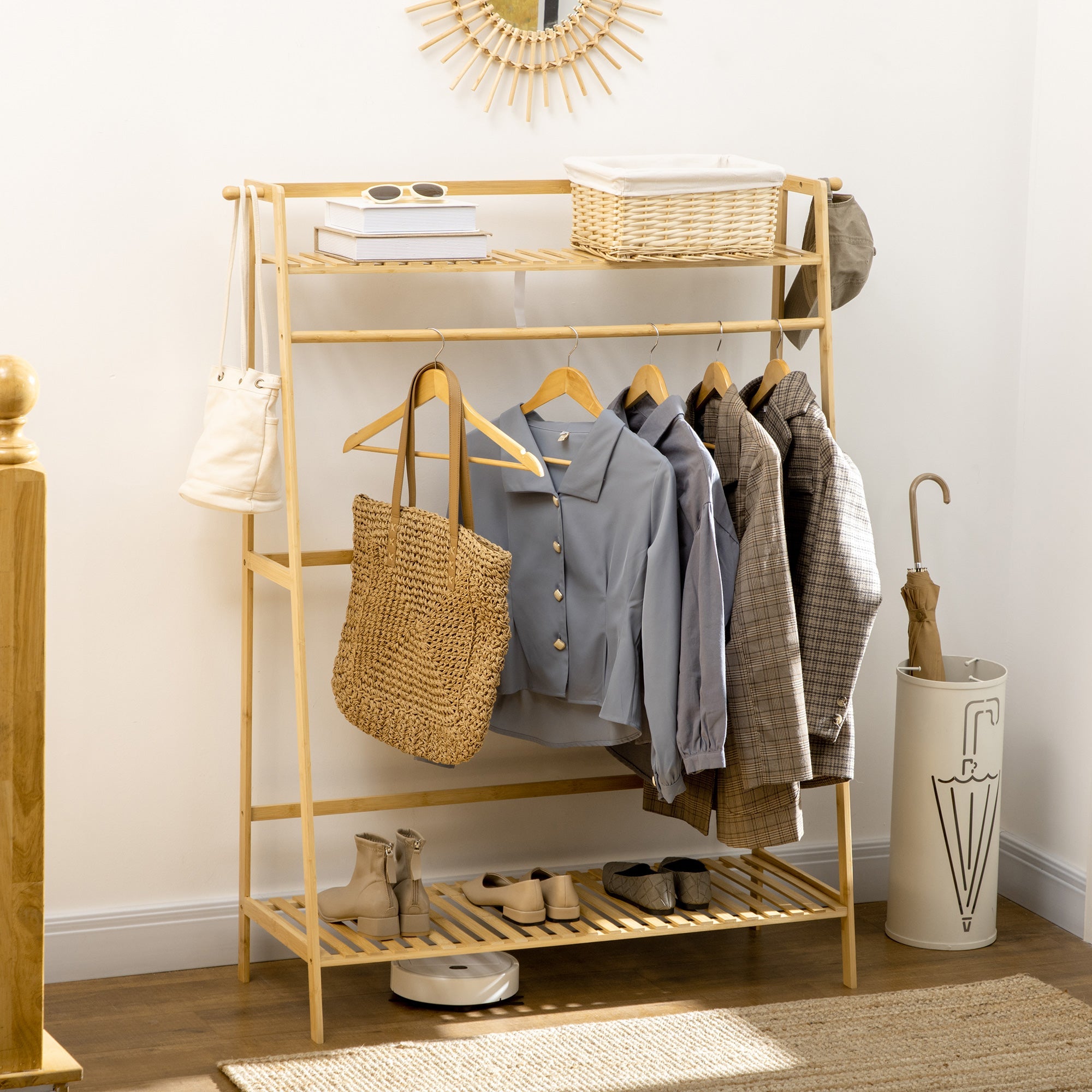 Clothes Rack, 2 Shelves 2 Hooks 1 Rail, Natural Wood