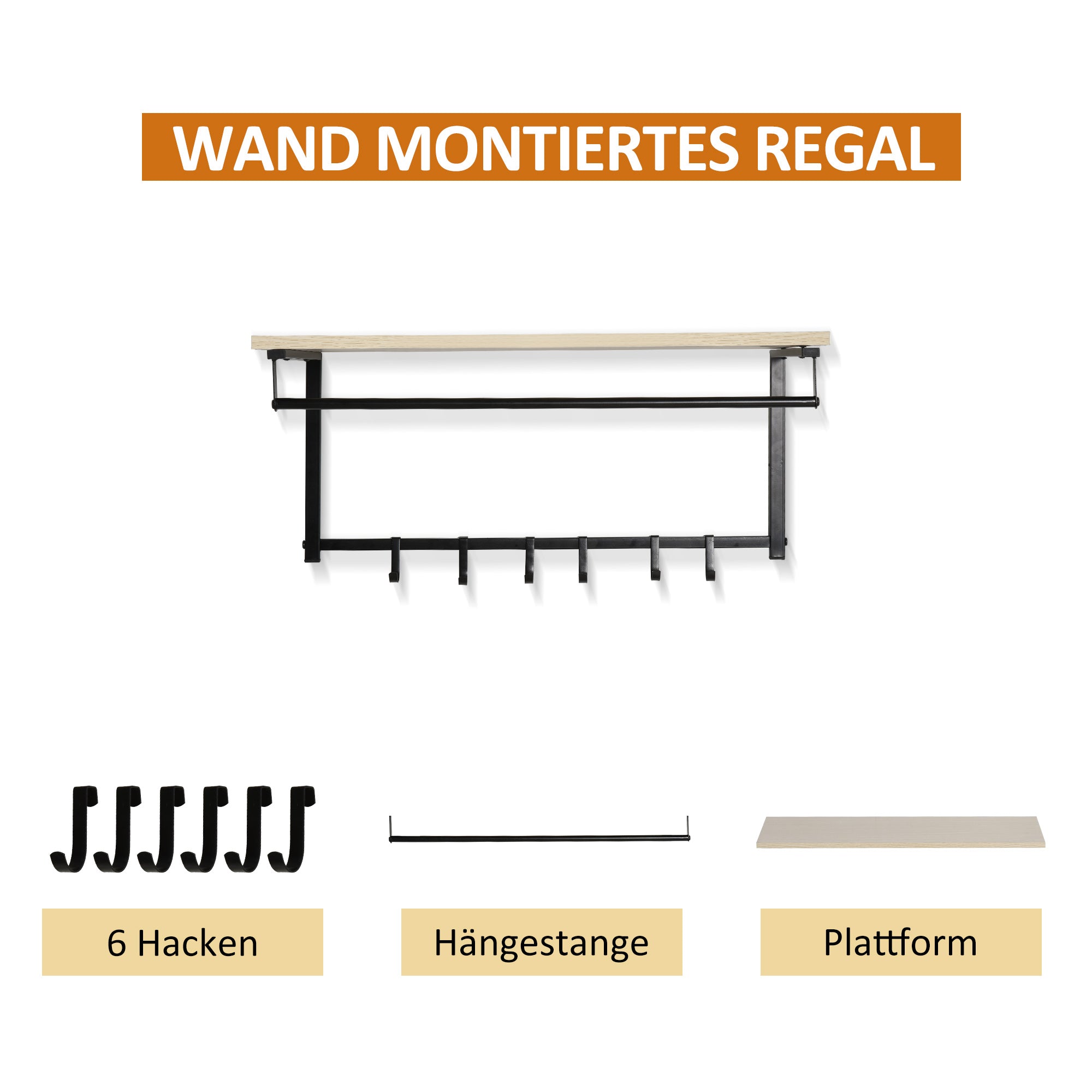 Hallway Wardrobe Set, 2-in-1, Bench & Coat Rack, 6 Hooks, Natural + Black