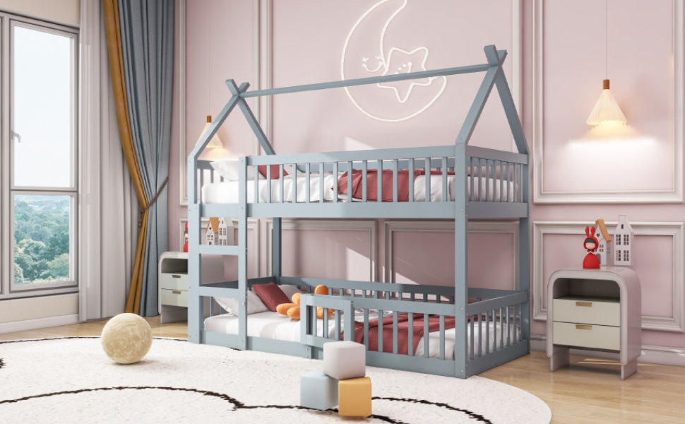Children's Bunk Bed with Stairs, Loft Design, Solid Wood, Grey