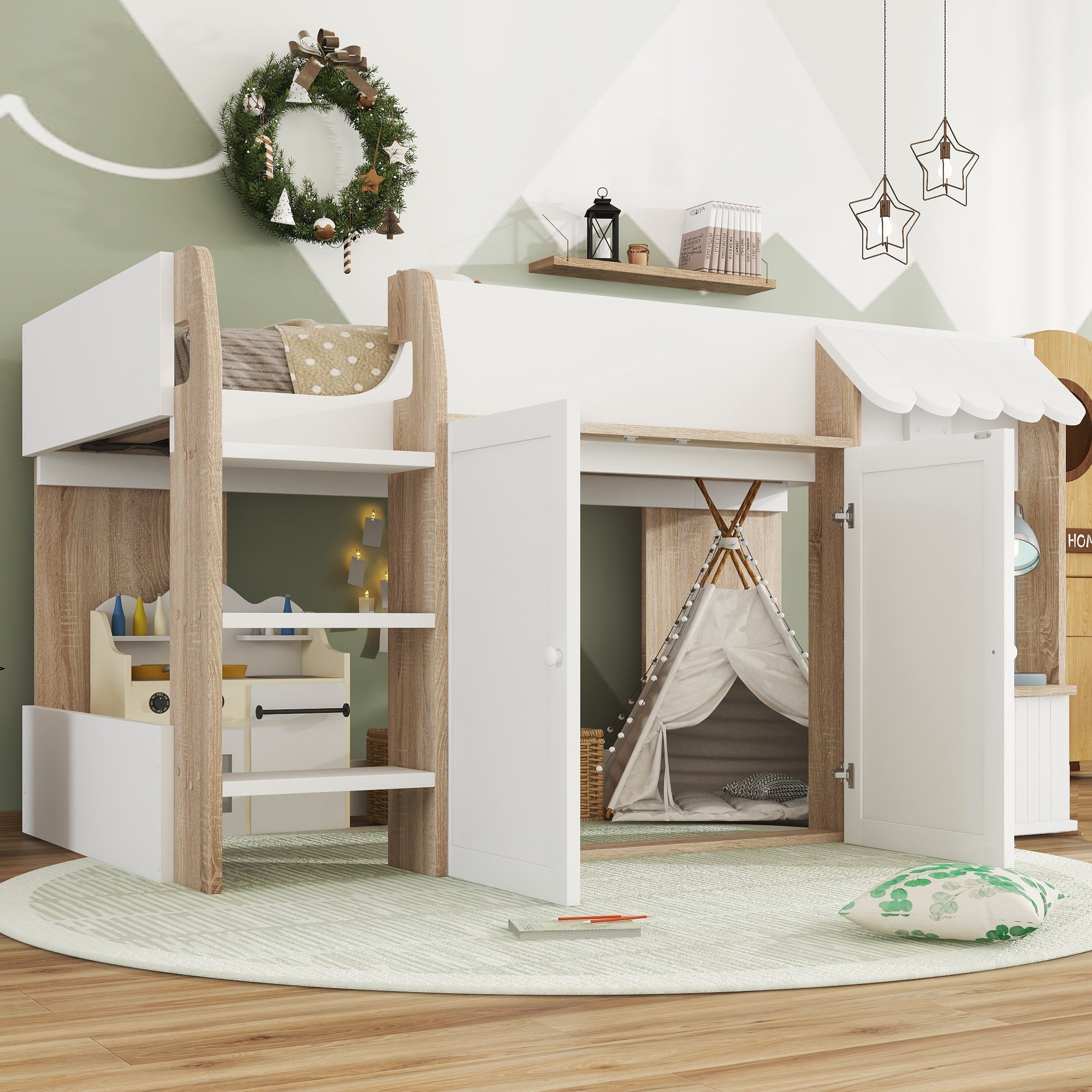 Wooden High Sleeper Bed 3ft Single with Ladder and Storage Cabinets, White Pine + MDF + Plywood