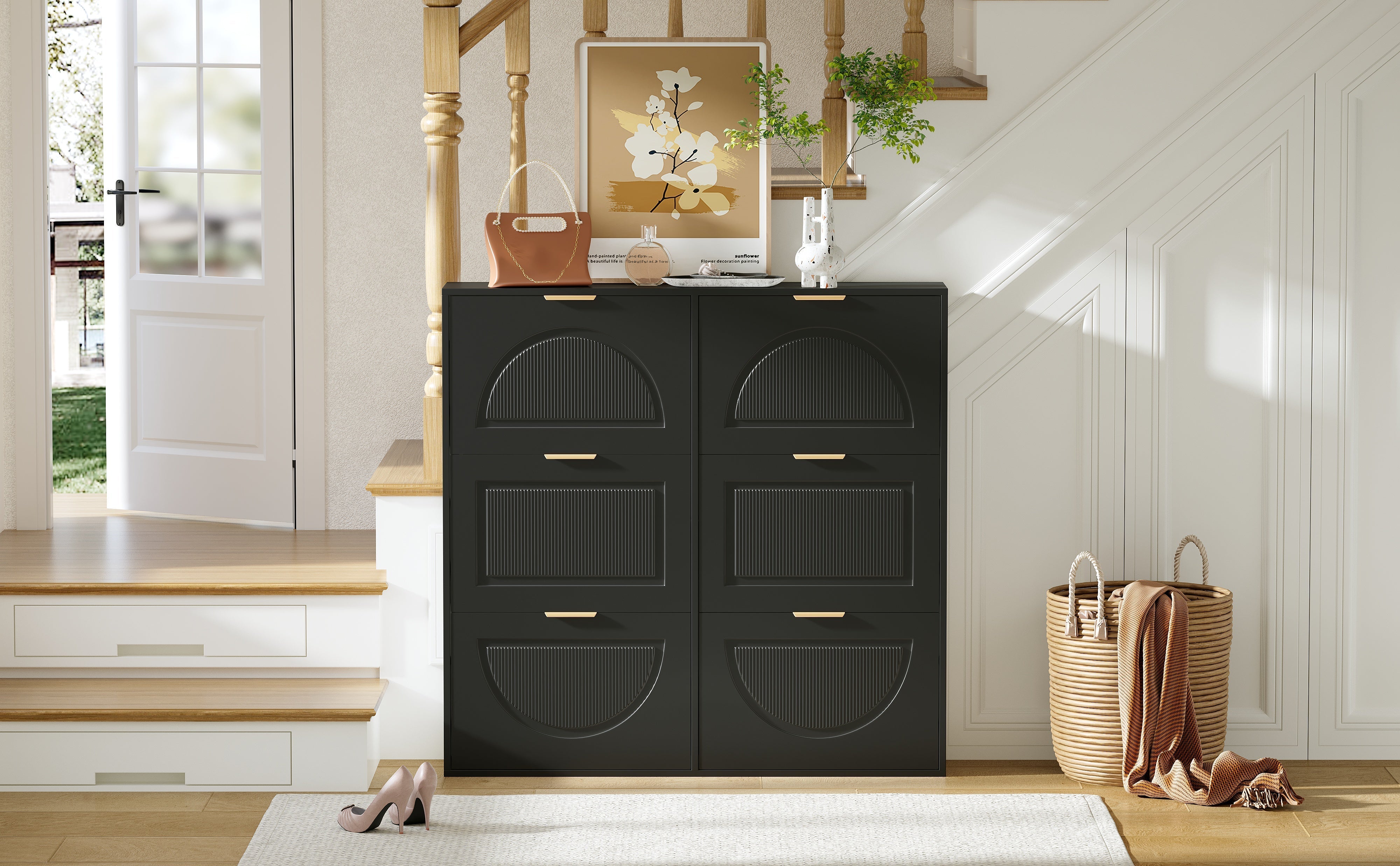 Shoe Cabinet 6 Flap Compartments Freestanding Open Shelves Black