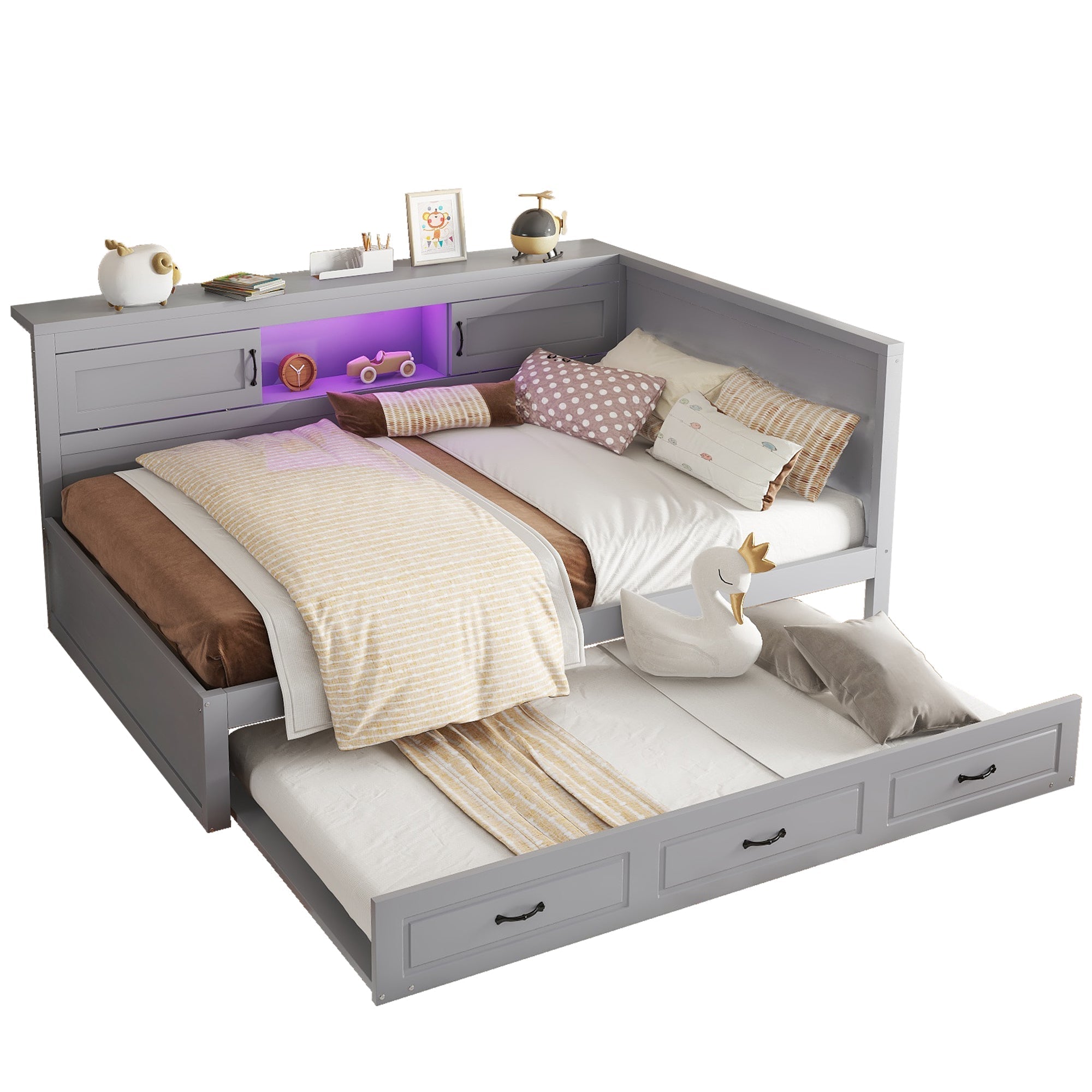Sofa Bed Daybed 140x200cm Pull-out Bed LED Storage USB/Power Outlet - Grey
