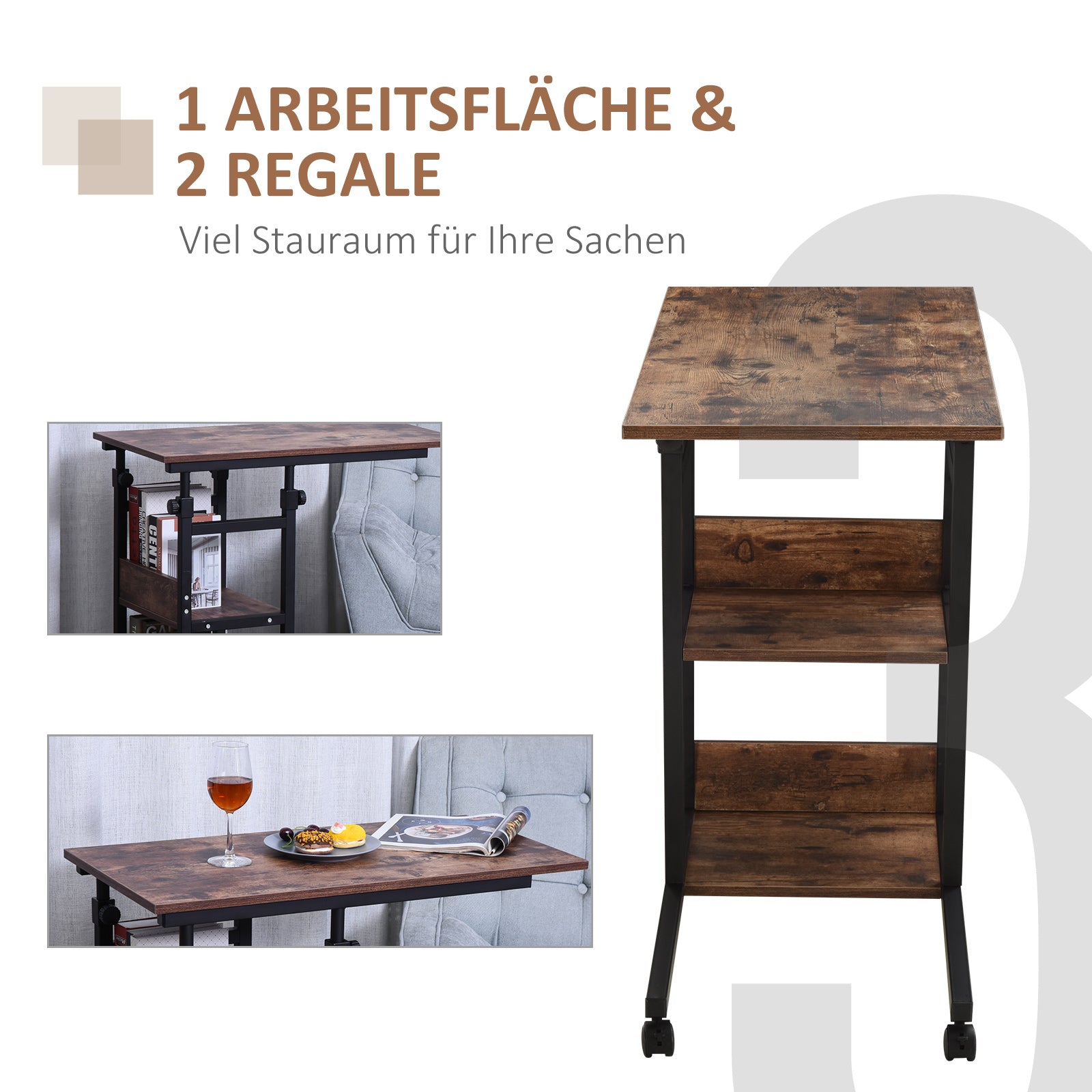 Beistelltisch, höhenverstellbarer Couchtisch 80x40x72-82 cm 2 Ablagen schwarzes Metall
