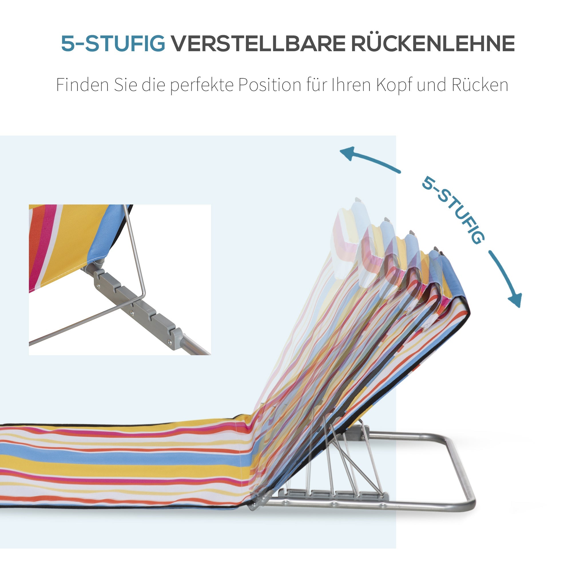 Beach Mat Set of 2, Foldable Lounger 5-Level Adjustable with Headrest & Bag, Steel, Multicolor