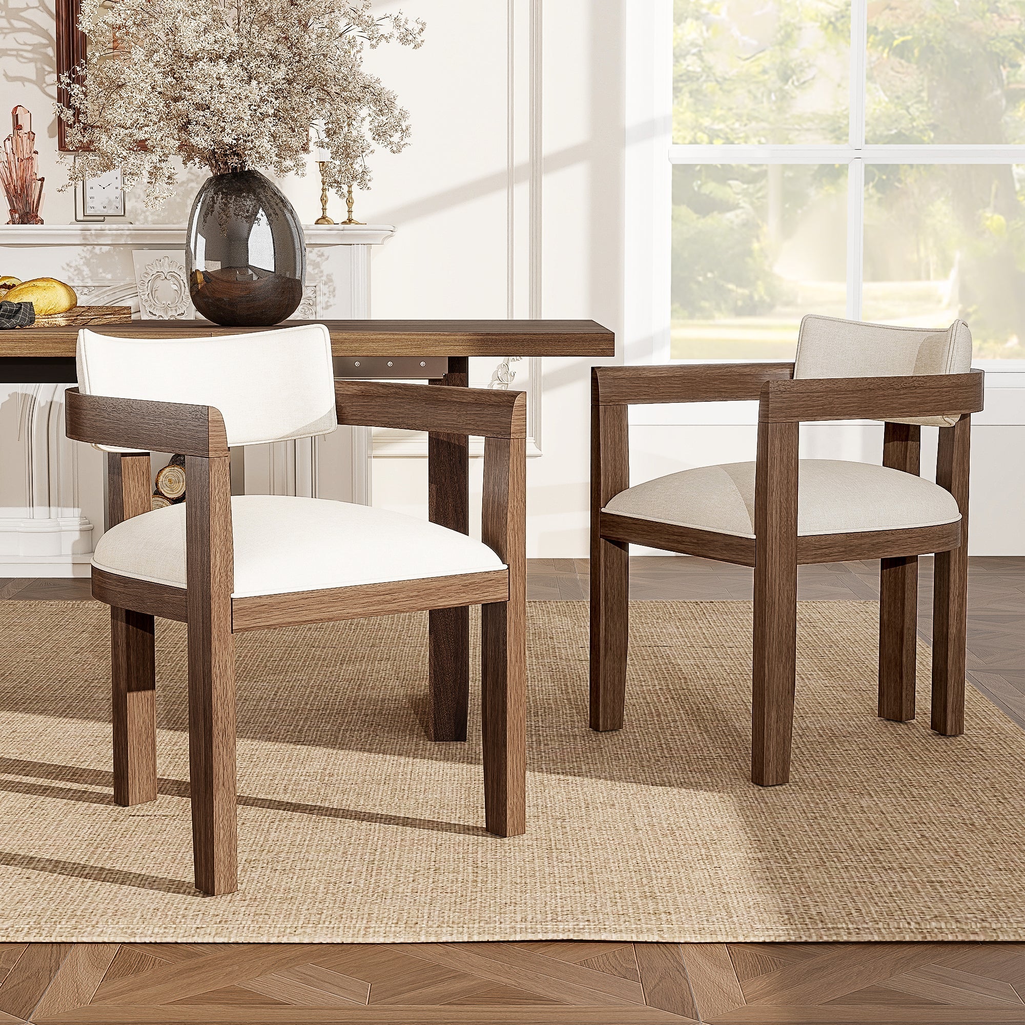 4 Solid Wood Dining Chairs Modern Style Linen Seat Walnut Wood Color