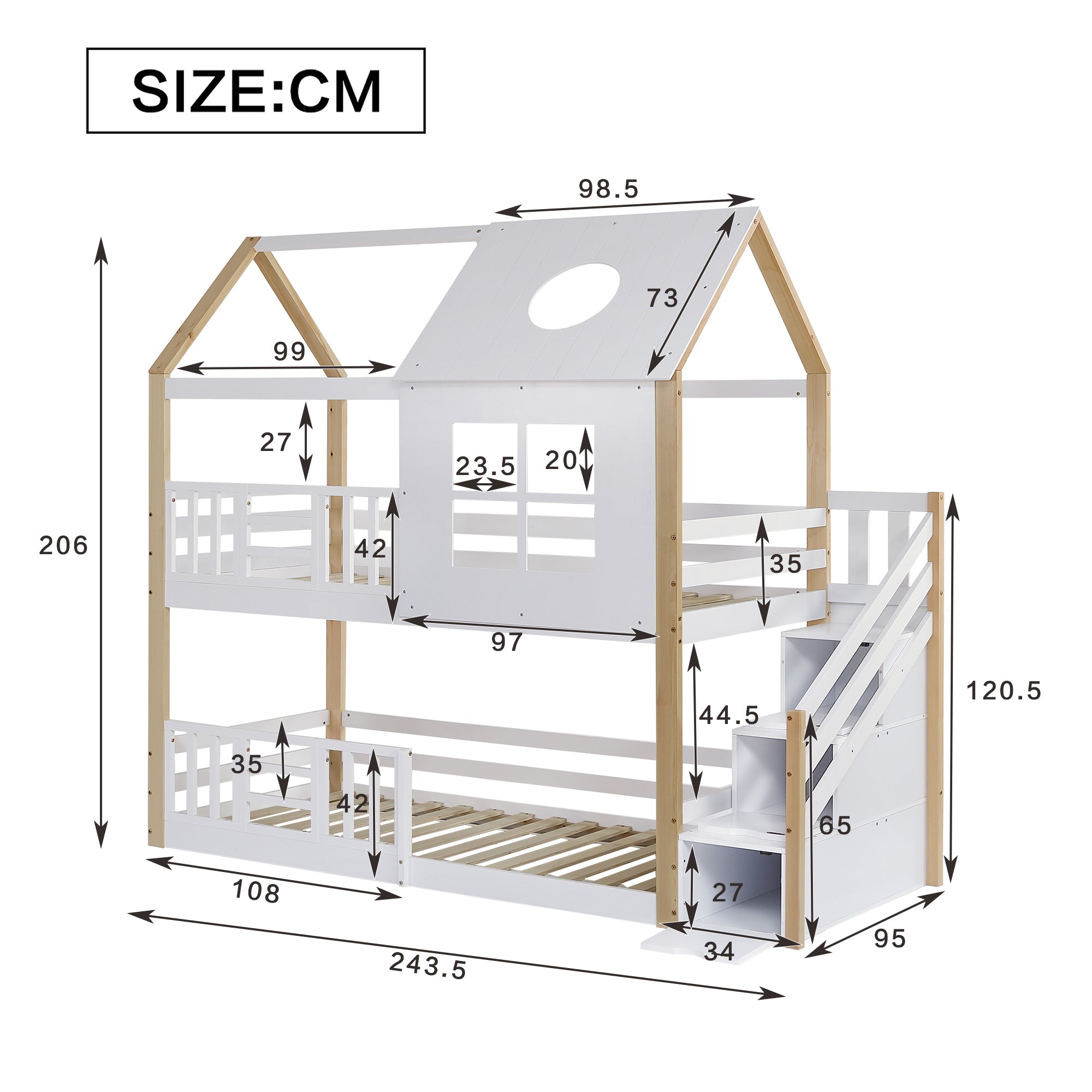 Bunk Bed House Bed with Storage Stairs, Safety Rail, Window, 90x200cm - Pine+MDF, White+Natural