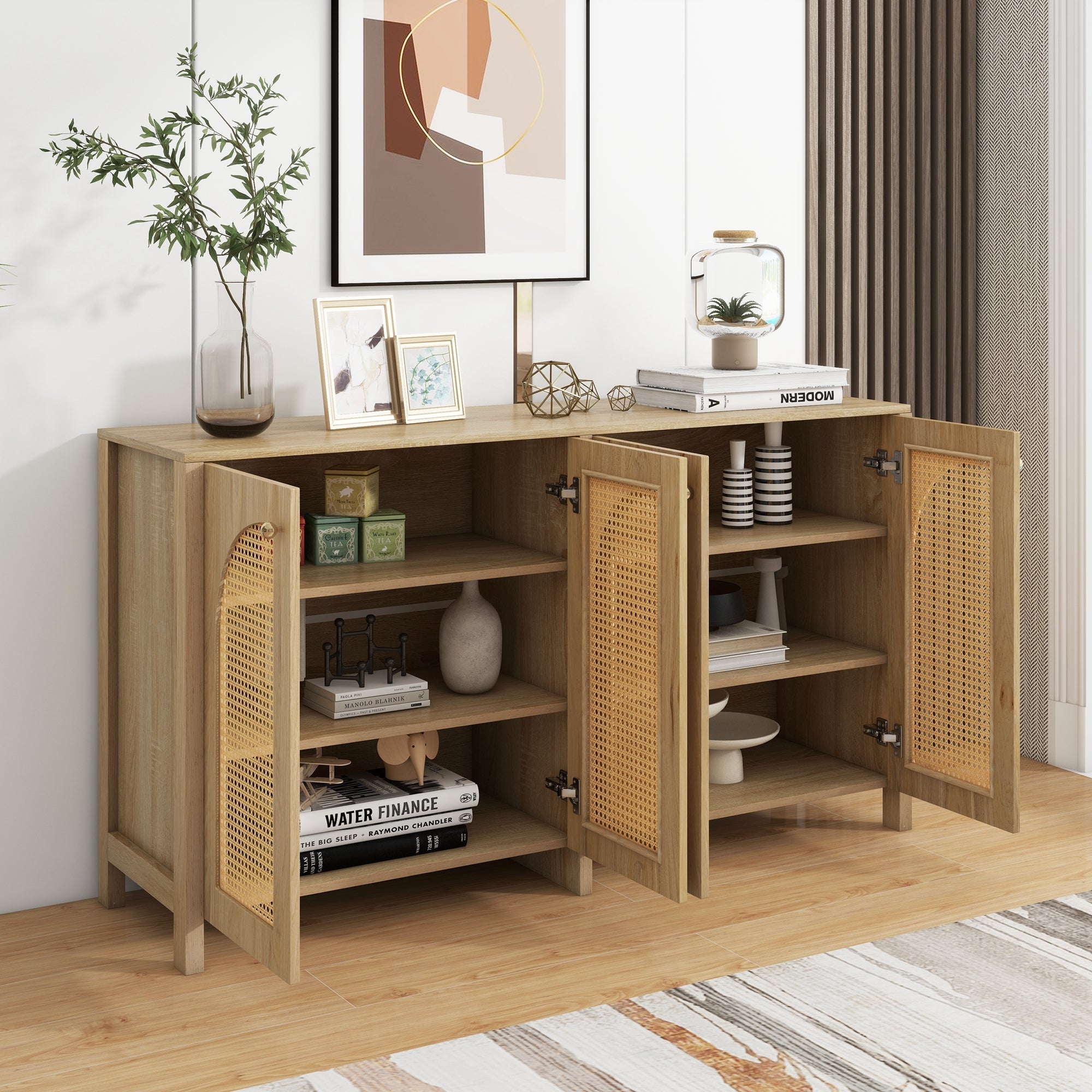 Sideboard, Minimalist with 4 Rattan Doors & Metal Handles, Natural Wood