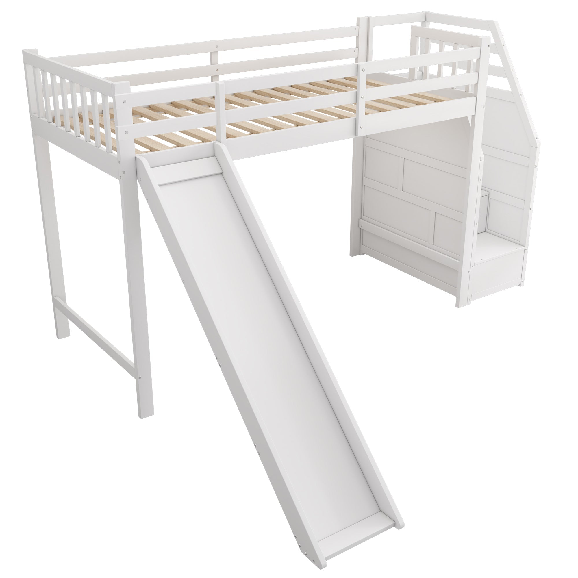 Bunk Bed 90x200cm Slide Removable Railing Storage Ladder - White