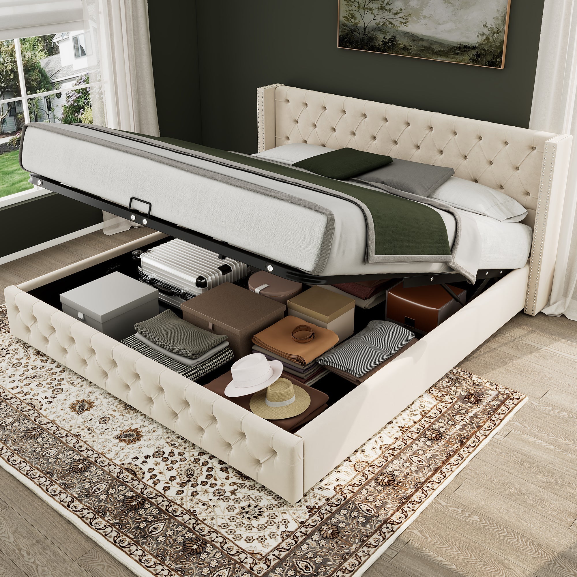 Upholstered Bed 140x200cm Hydraulic Storage Ear Shape Studs Button Tufted - Velvet Beige